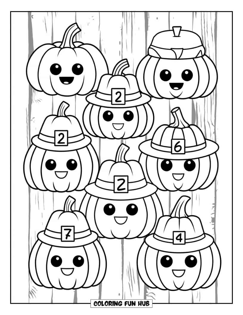 Thanksgiving Kleurplaat voor Kinderen: Pompoenen en kalebassen die verschillende hoeden dragen met willekeurige nummers