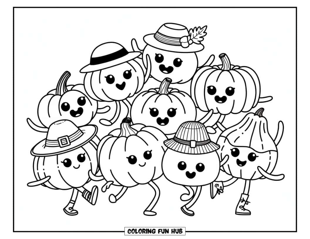 Thanksgiving Kleurplaat voor Kinderen: Pompoenen en kalebassen met benen en armen die samen in een cirkel dansen