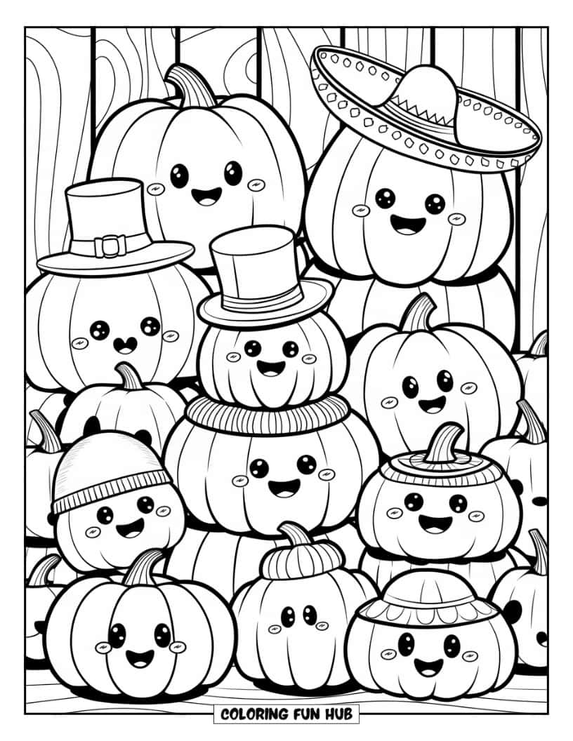 Thanksgiving Kleurplaat voor Kinderen: Pompoenen met hoge hoeden, mutsen en een sombrero