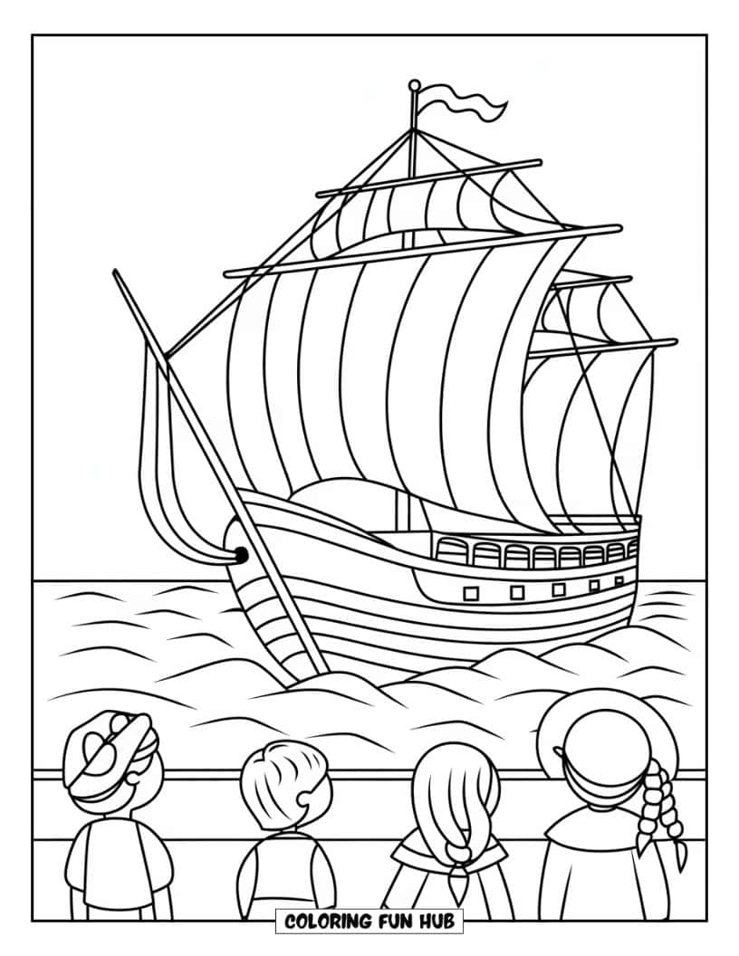 Thanksgiving Kleurplaat voor Kinderen: Het Mayflower-schip met kinderen die naar de zee kijken