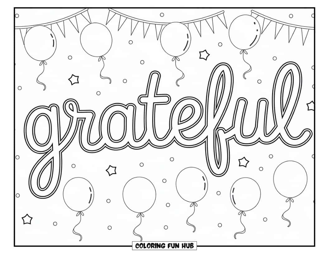 Thanksgiving Kleurplaat voor Kinderen: Het woord 'dankbaar' in cursieve tekst met ballonnen en confetti