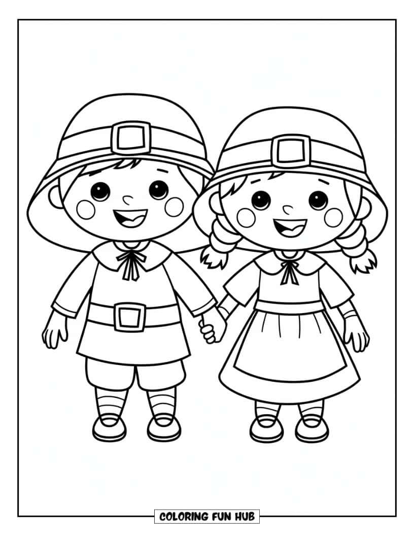 Thanksgiving Kleurplaat voor Kinderen: Twee pilgrim kinderen gekleed in traditionele kleding