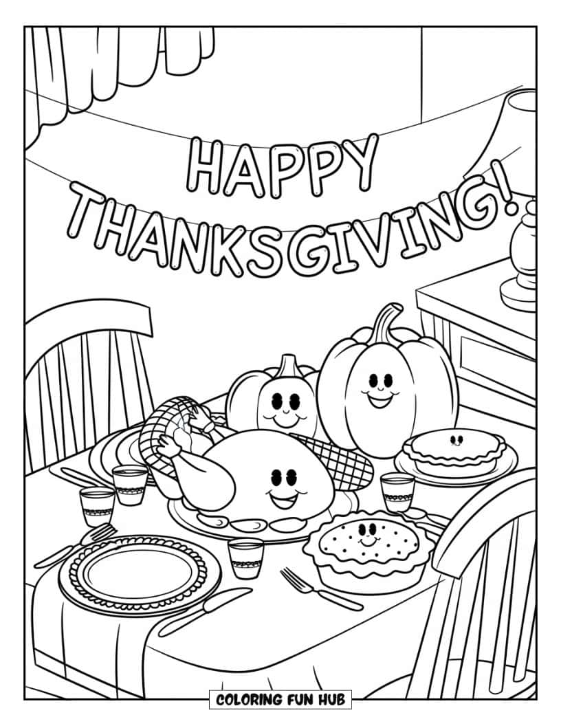 Thanksgiving Kleurplaat voor Kinderen: Een 'Happy Thanksgiving!' banner met lachende etenswaren op tafel