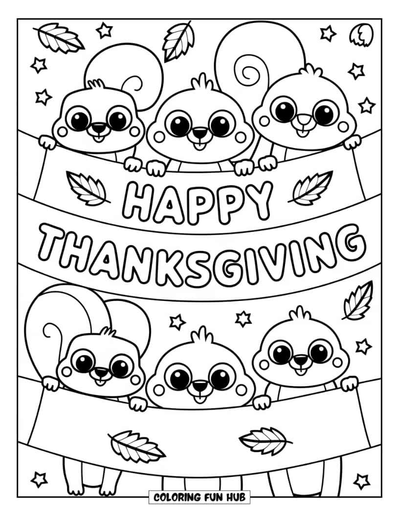 Thanksgiving Kleurplaat voor Kinderen: Schattige dieren zoals eekhoorns, vogels en egels die een 'Happy Thanksgiving'-banner vasthouden
