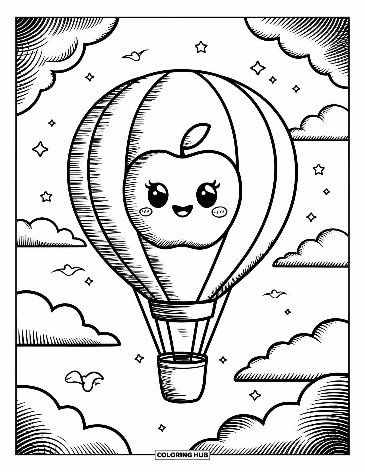 Coloriage de pomme pour adultes : Une pomme rougissante transformée en montgolfière avec un panier en forme de cœur dans le ciel