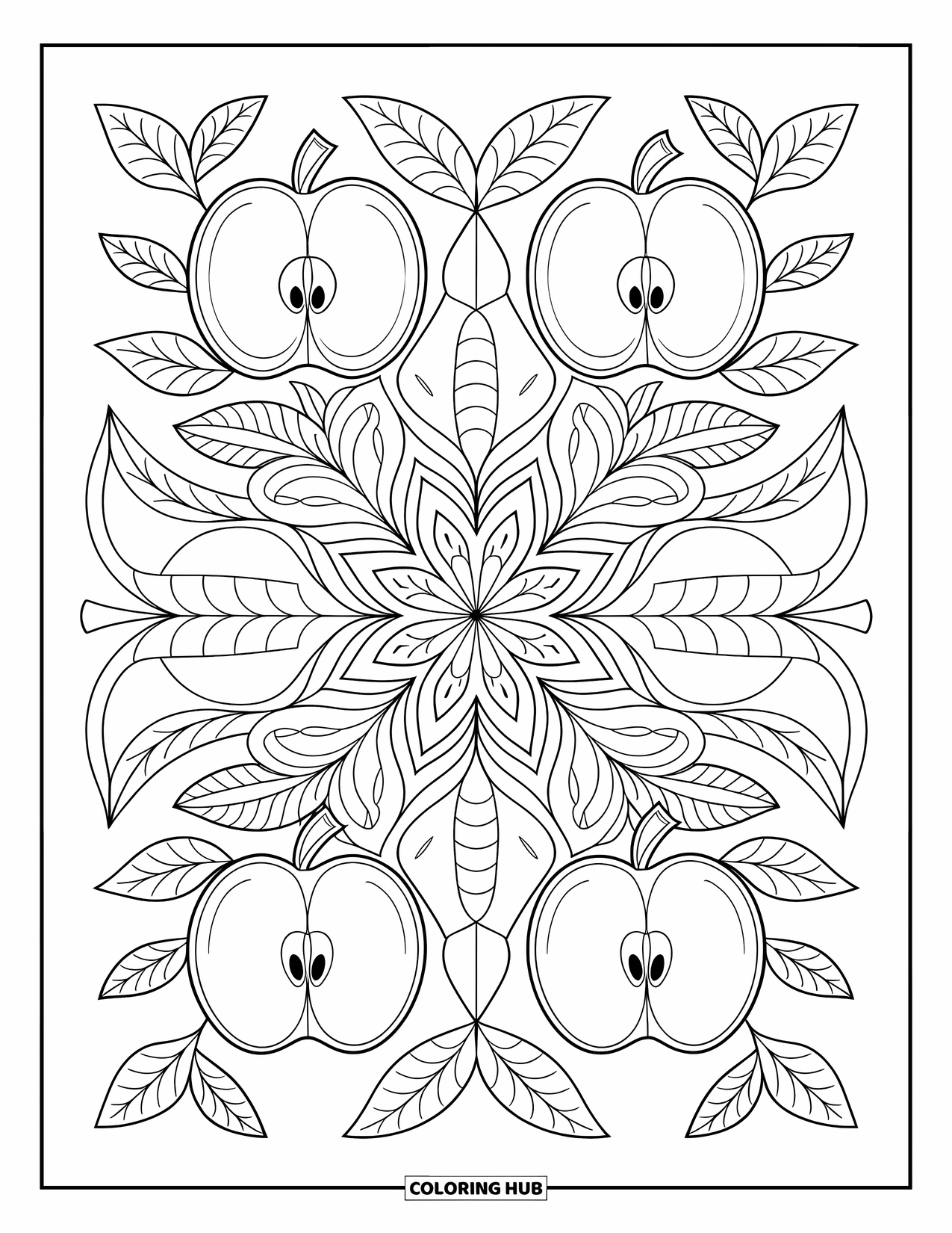 Desenho de Maçã para Colorir para Adultos: Um design de mandala de maçã centralizado com fatias de maçã, folhas e sementes simétricas