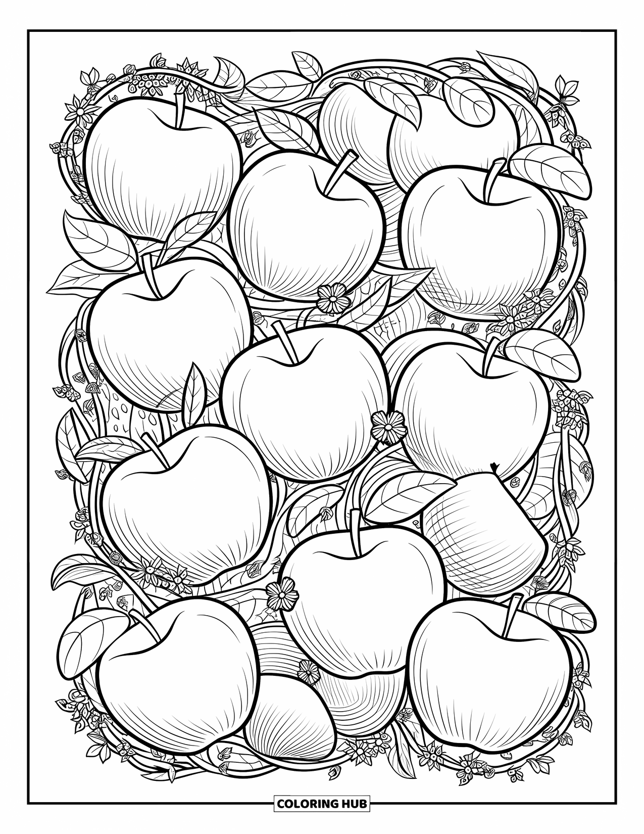 Coloriage de pomme pour adultes : Un arrangement circulaire de pommes qui se chevauchent avec des vignes, des feuilles et des accents floraux