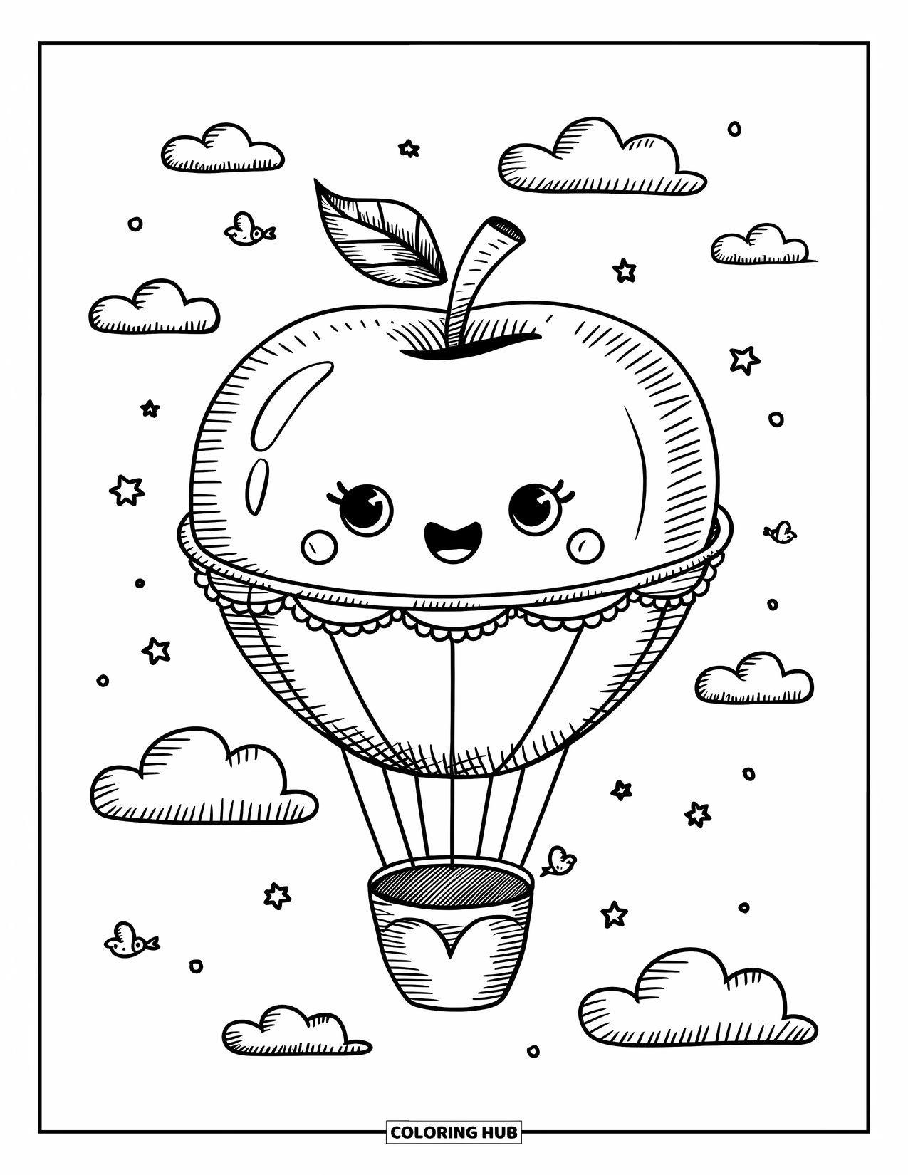 Coloriage de pomme pour adultes : Une montgolfière de pomme flottante avec des nuages heureux, de minuscules oiseaux et des étoiles enjouées