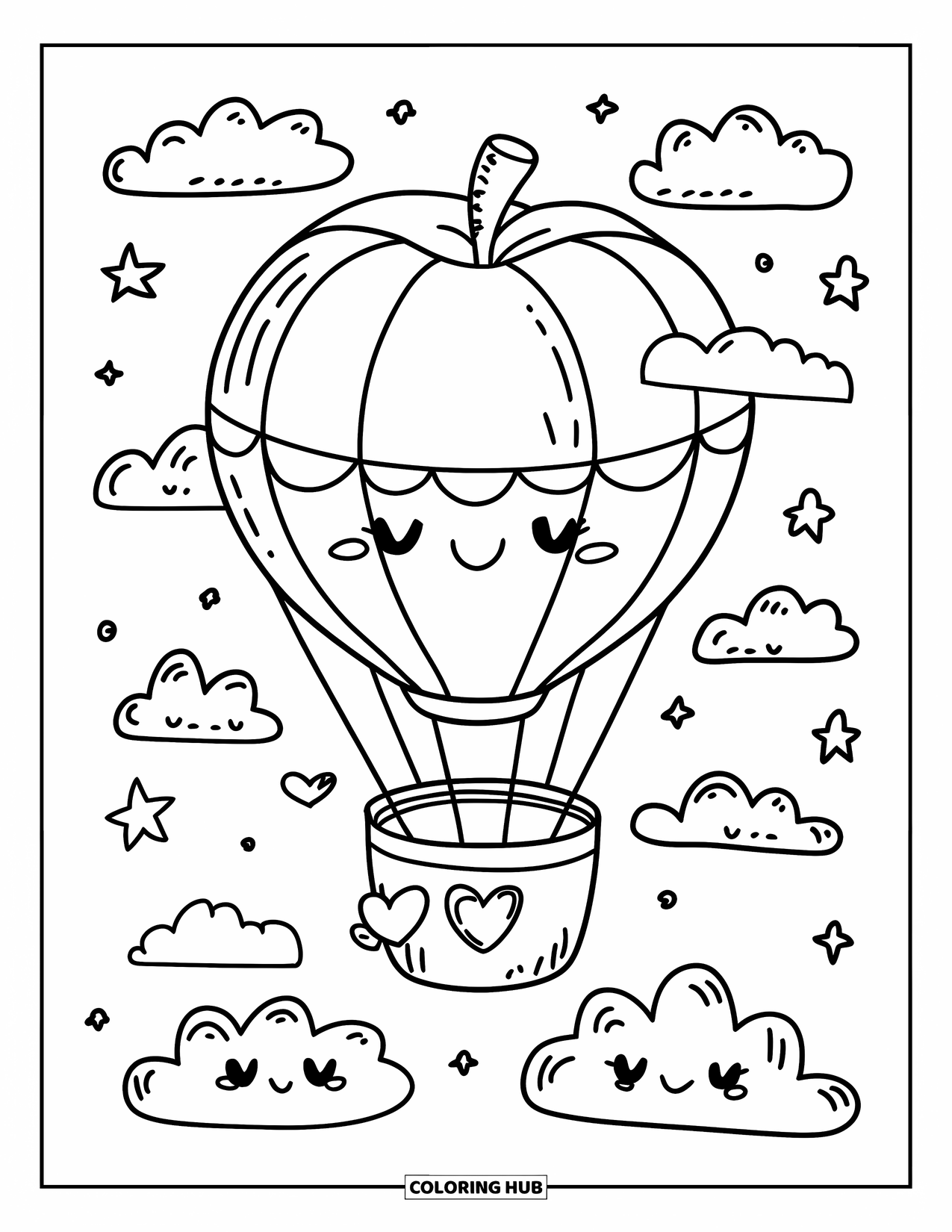 Coloriage de pomme pour adultes : Une montgolfière faite d'une pomme rougissante avec un panier en forme de cœur flottant dans le ciel