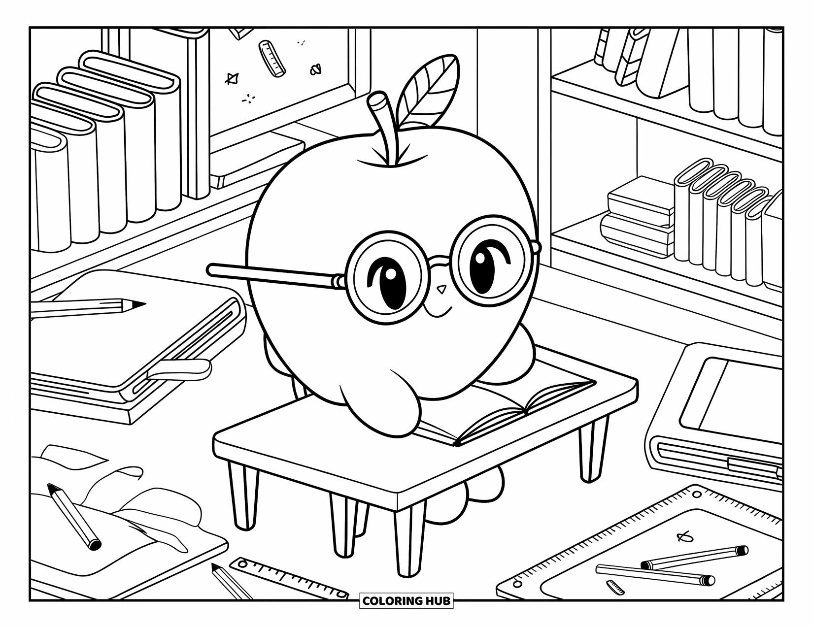 Coloriage de pomme pour adultes : Une pomme kawaii portant des lunettes et assise à un petit bureau avec des livres et des griffonnages
