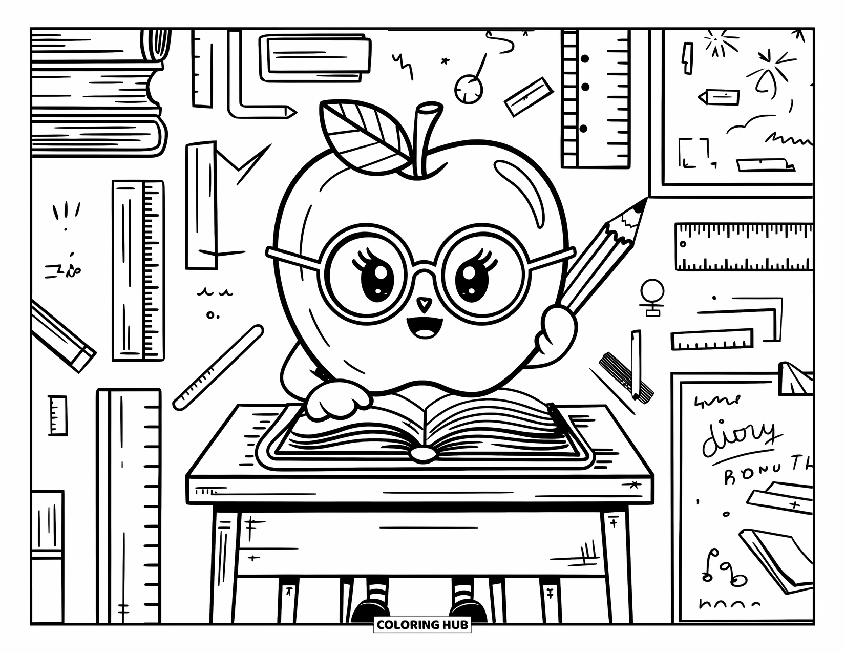 Coloriage de pomme pour adultes : Une pomme kawaii avec des lunettes, un crayon derrière l'oreille et un livre ouvert sur le bureau