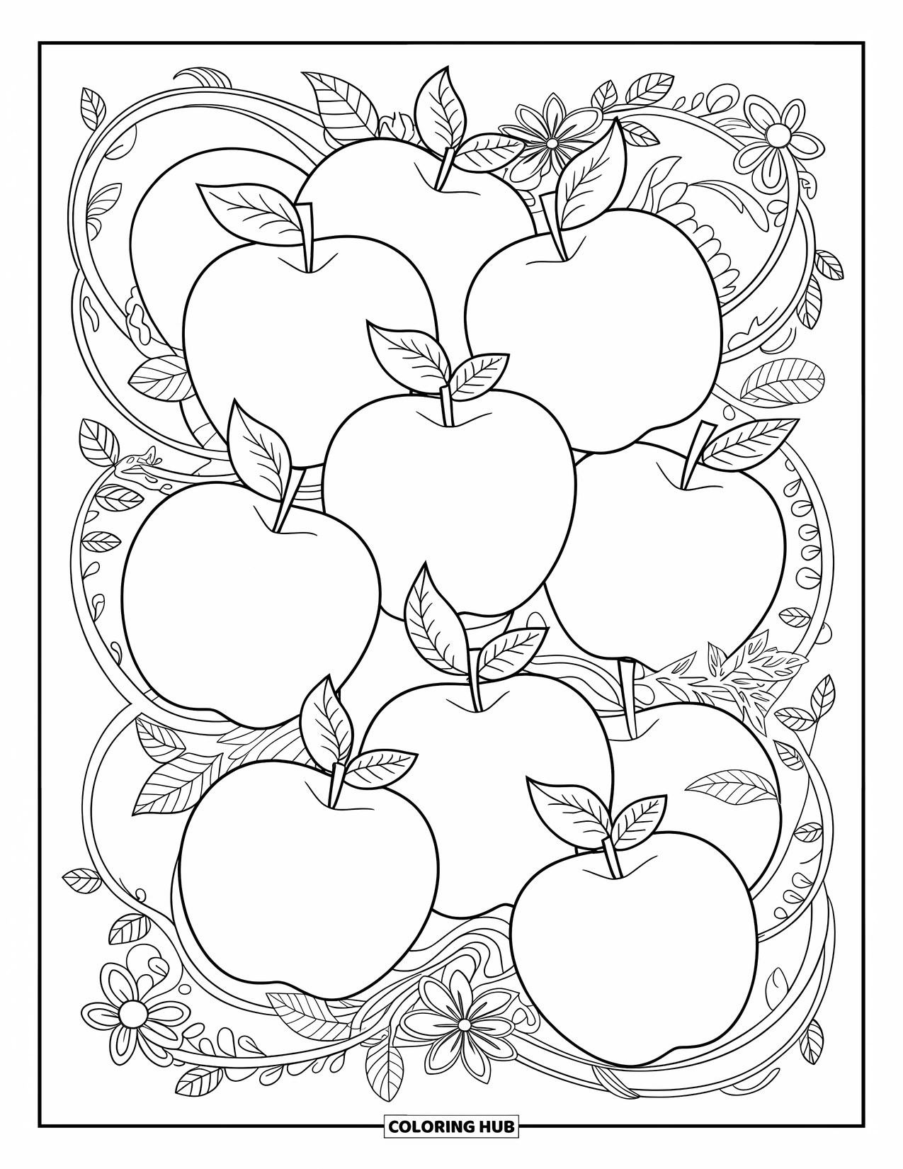 Coloriage de pomme pour adultes : Une page remplie de pommes qui se chevauchent, entourées de vignes tourbillonnantes, de feuilles et d'accents floraux