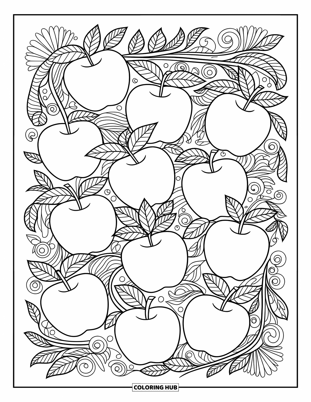 Coloriage de pomme pour adultes : Une page avec des pommes qui se chevauchent, des vignes tourbillonnantes, des feuilles et des motifs floraux complexes