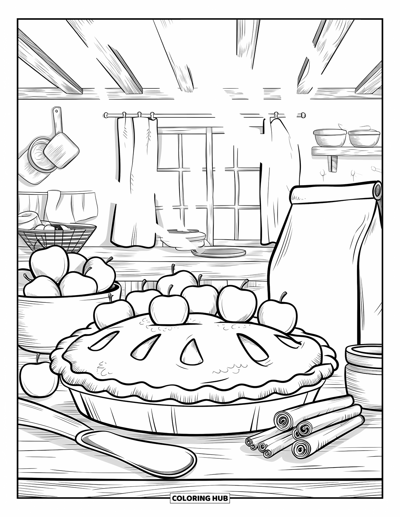 Coloriage de pomme pour adultes : Une tarte refroidissant sur un comptoir en bois avec des pommes, de la farine et un décor de cuisine rustique