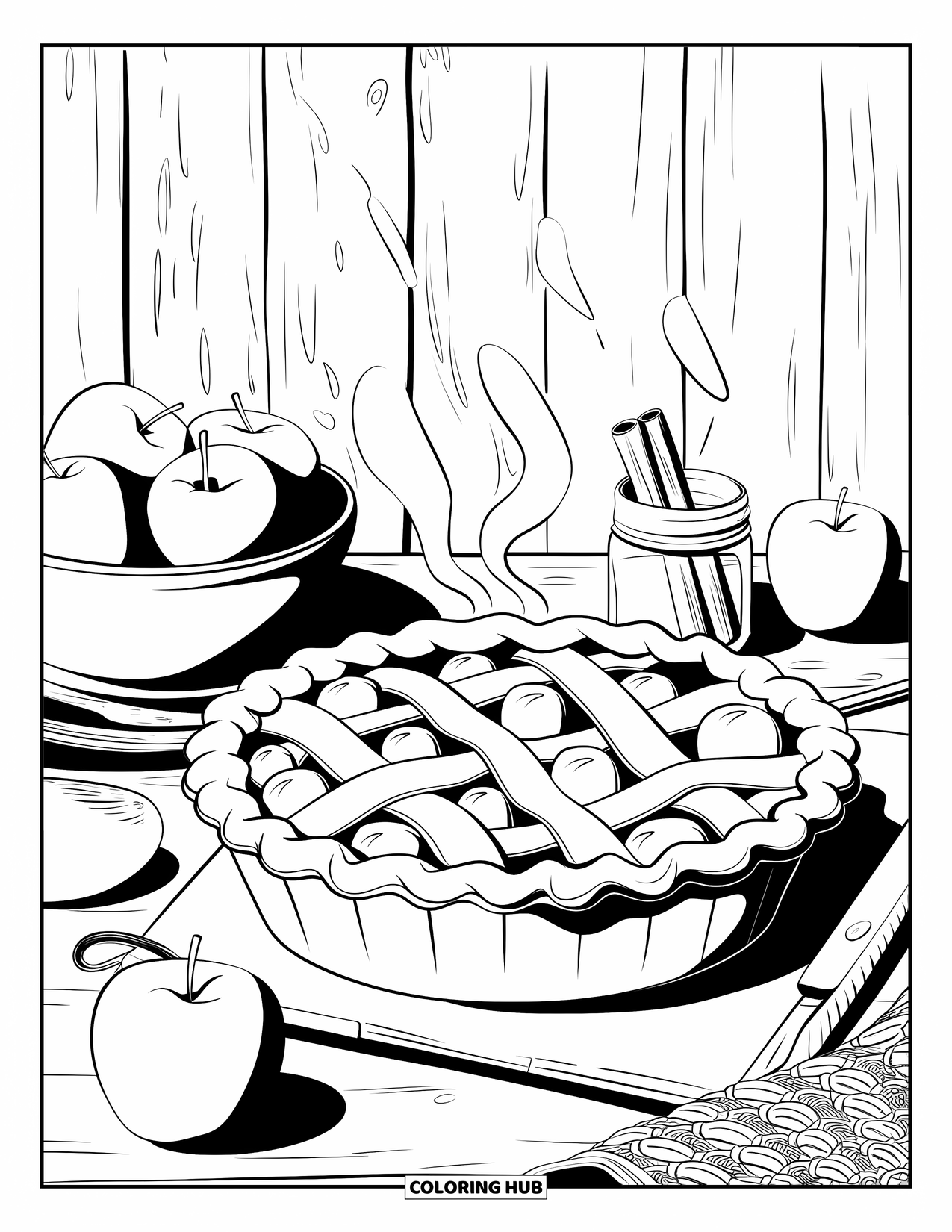 Coloriage de pomme pour adultes : Une tarte avec une croûte en treillis, des pommes, des bâtons de cannelle et des textures rustiques à l'arrière-plan