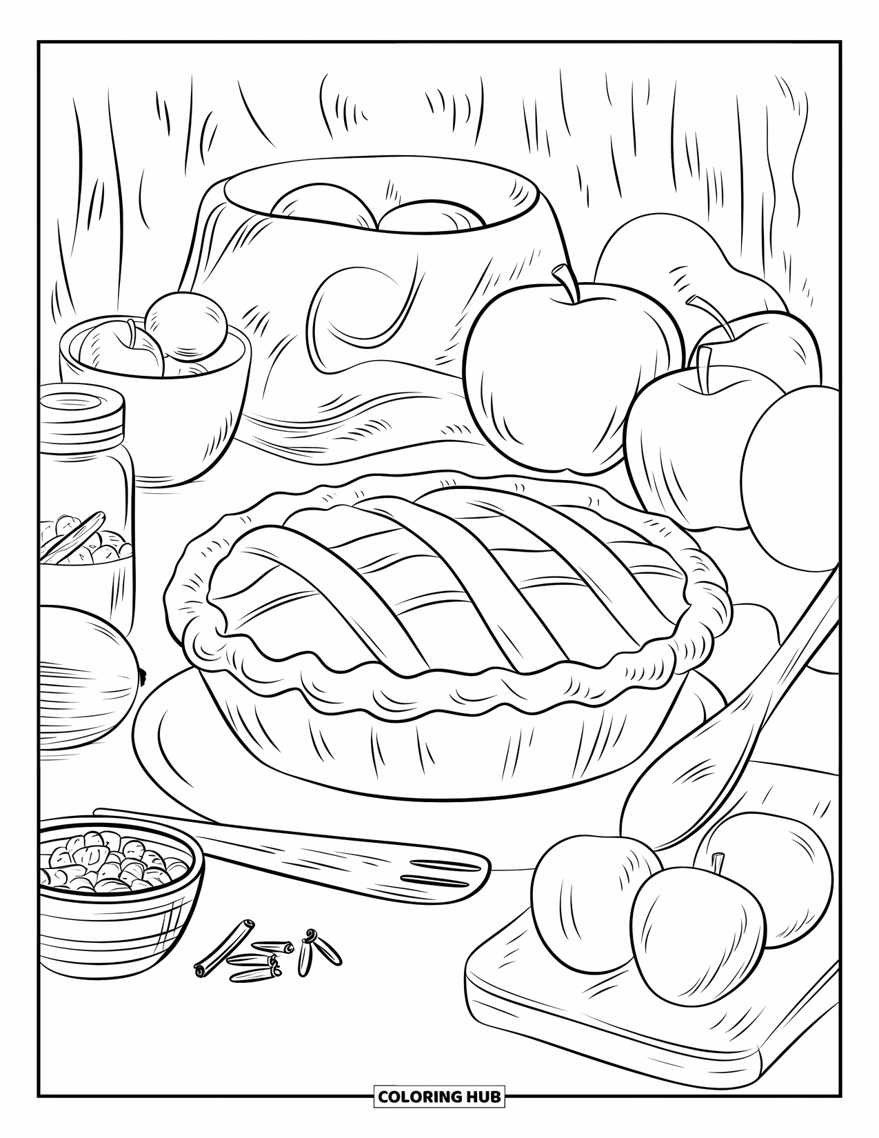 Coloriage de pomme pour adultes : Une tarte avec une croûte en treillis, des pommes hachées, de la cannelle, des clous de girofle et des textures rustiques à proximité