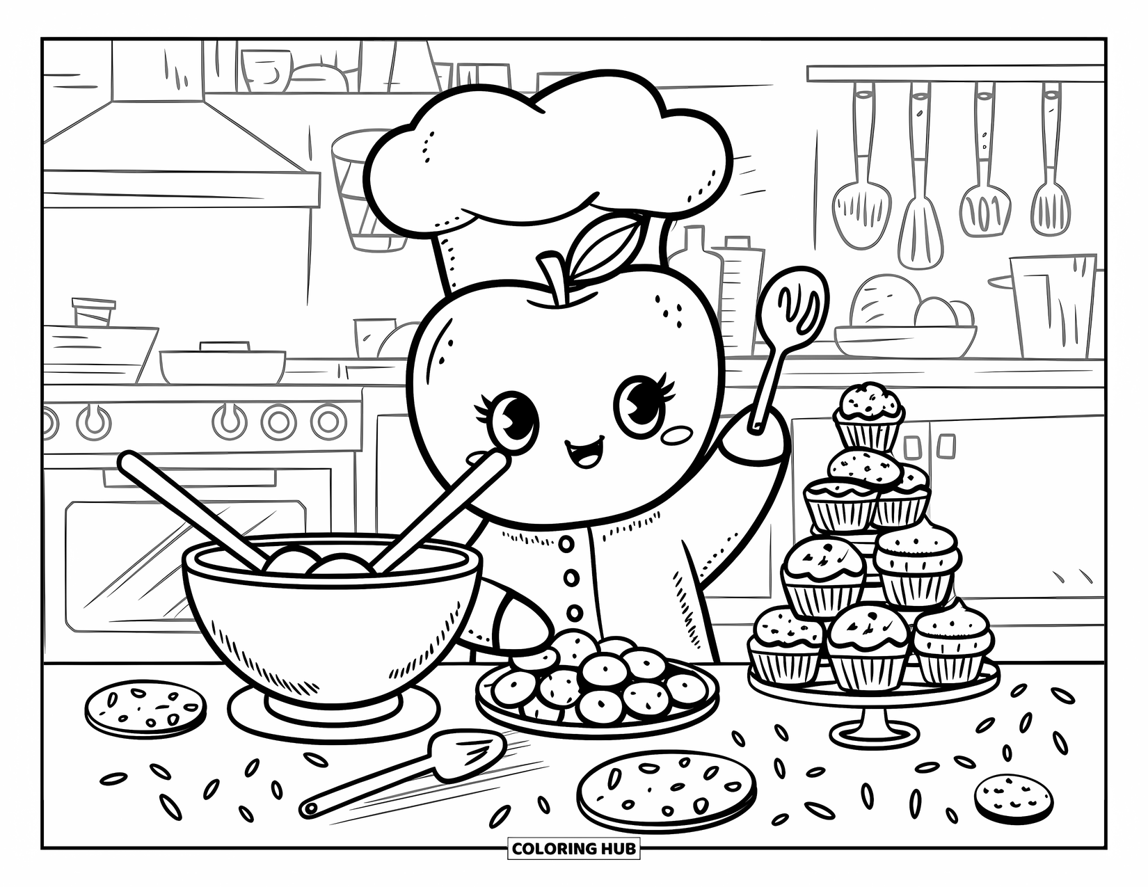 Coloriage de pomme pour adultes : Un chef pomme avec un chapeau gonflé dans une cuisine avec des cupcakes, des biscuits et des ustensiles