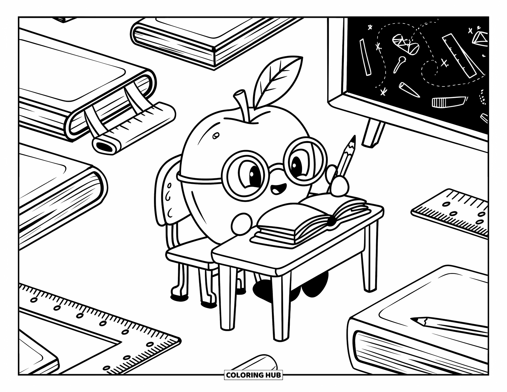 Coloriage de pomme pour adultes : Une pomme portant des lunettes, assise à un bureau entourée de livres, de règles et de griffonnages