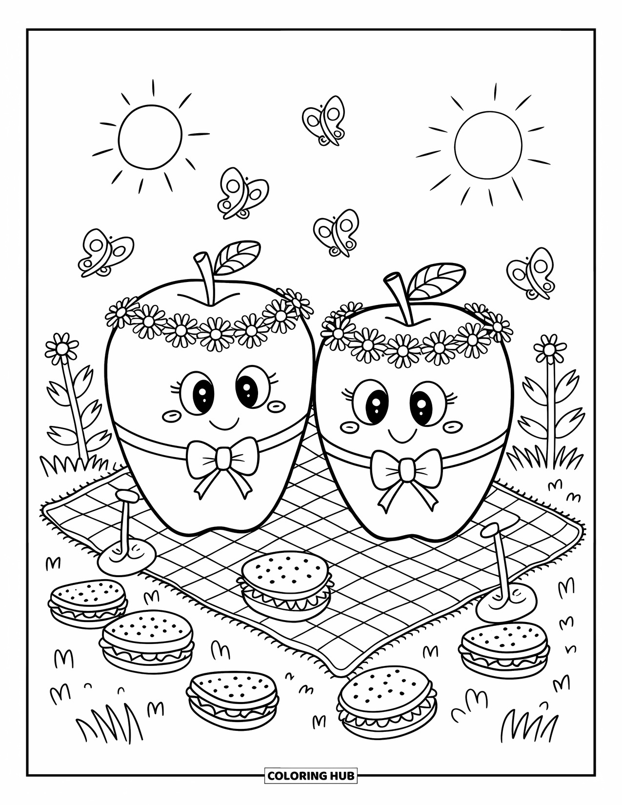 Coloriage de pomme pour adultes : Des pommes dans une prairie avec des nœuds papillon et des couronnes de fleurs, entourées de papillons et de sandwichs