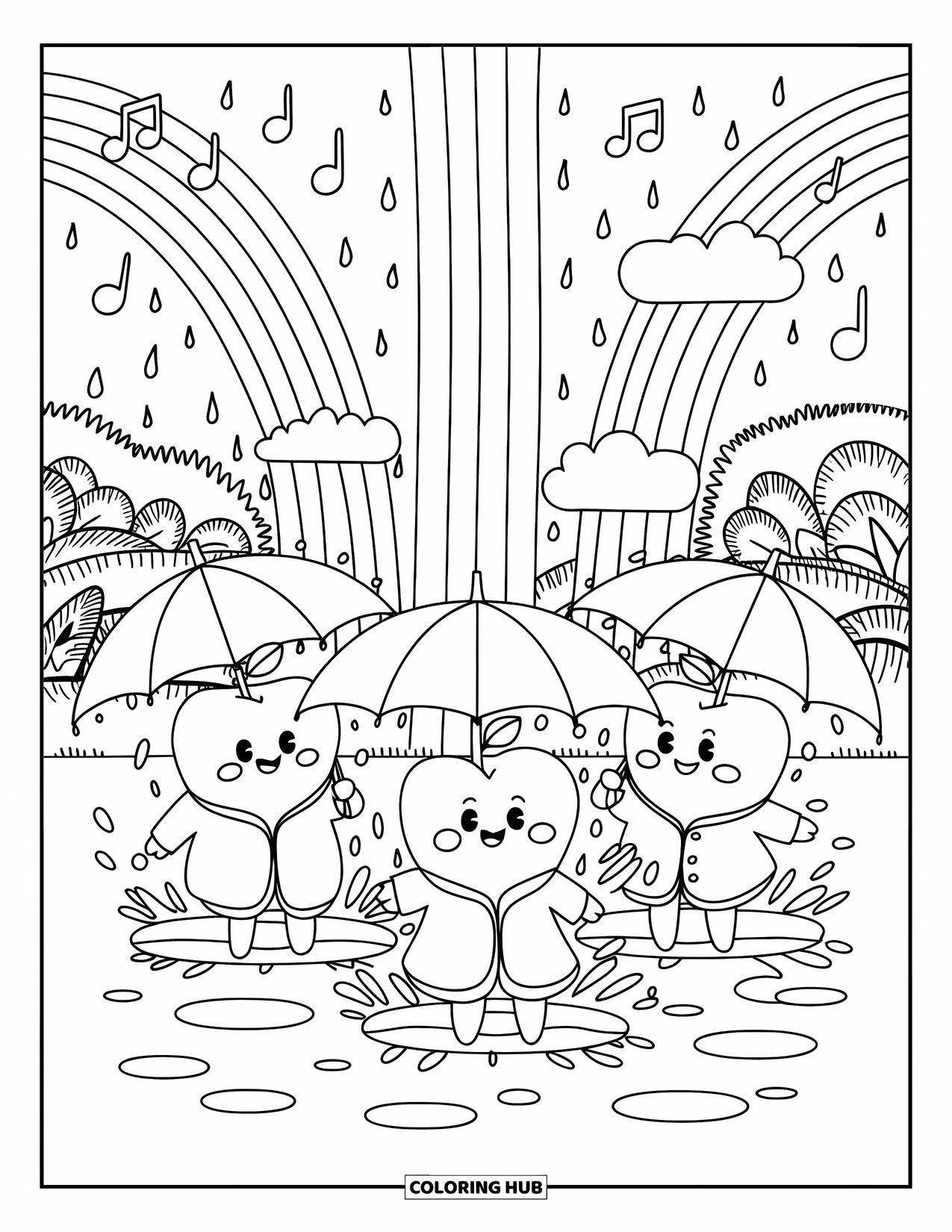 Coloriage de pomme pour adultes : Des pommes avec des imperméables et des parapluies éclaboussant dans des flaques d'eau, entourées de vignes et d'arcs-en-ciel