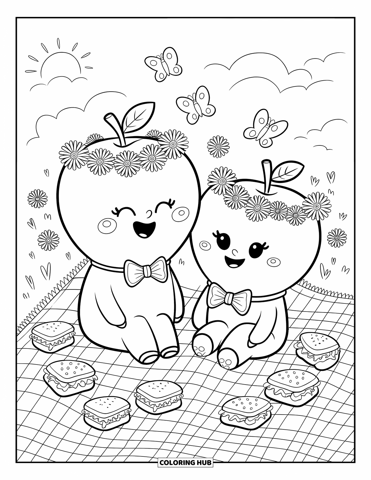 Coloriage de pomme pour adultes : Des pommes souriantes portant des nœuds papillon et des couronnes, pique-niquant avec des sandwichs et des jus en boîte