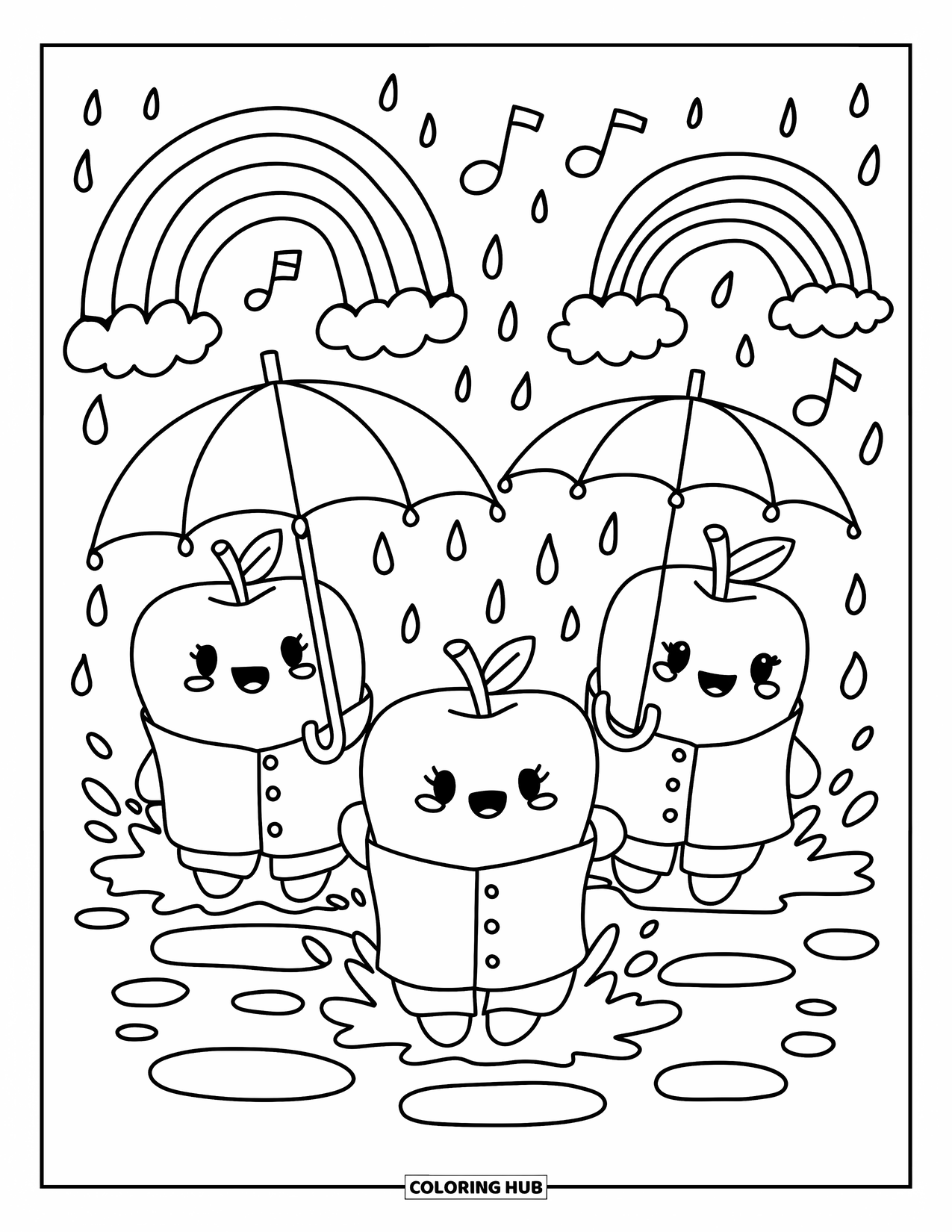 Coloriage de pomme pour adultes : Trois pommes en imperméables avec des parapluies, entourées de notes de musique et de pluie joyeuse