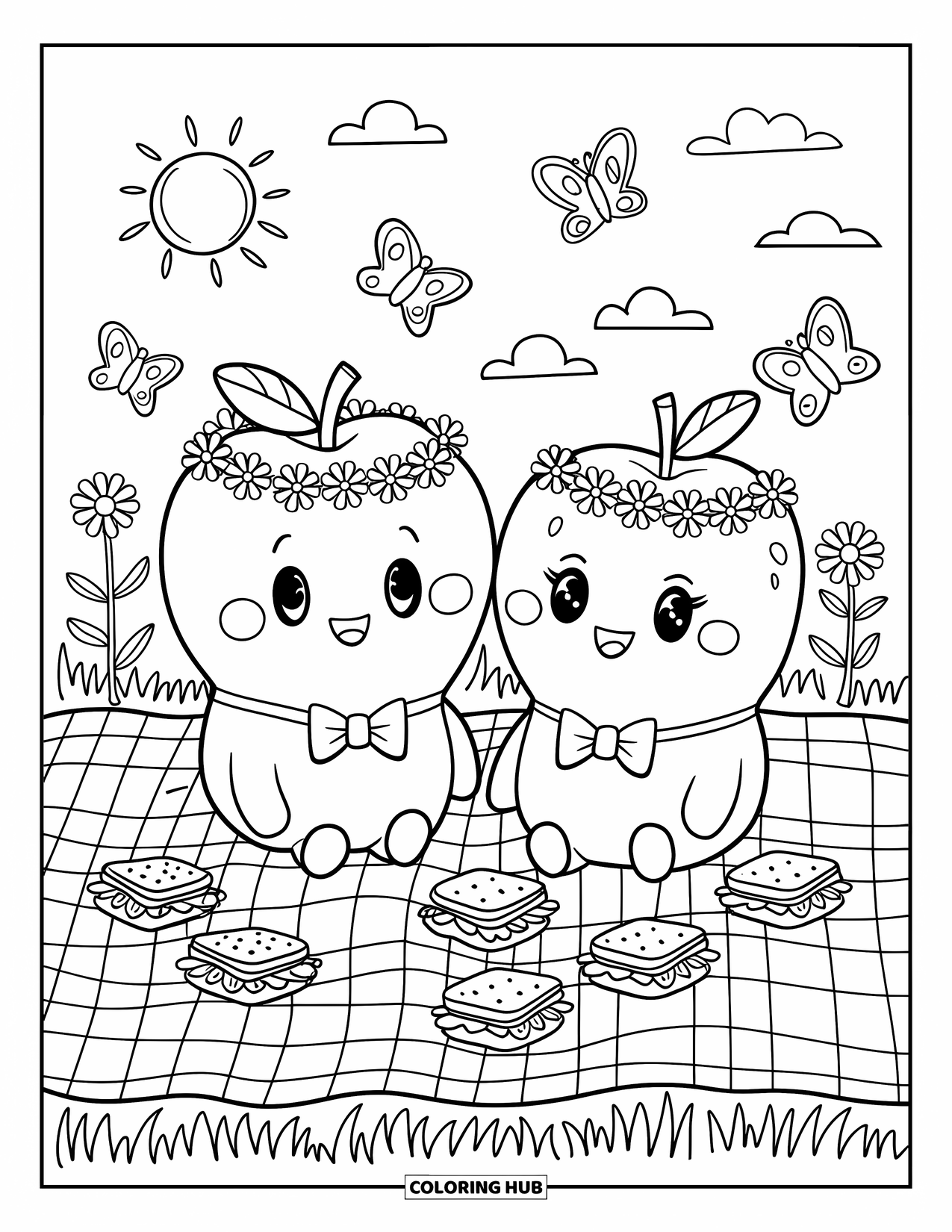 Coloriage de pomme pour adultes : Deux pommes sur une couverture en vichy, entourées de collations et de papillons dans une prairie ensoleillée