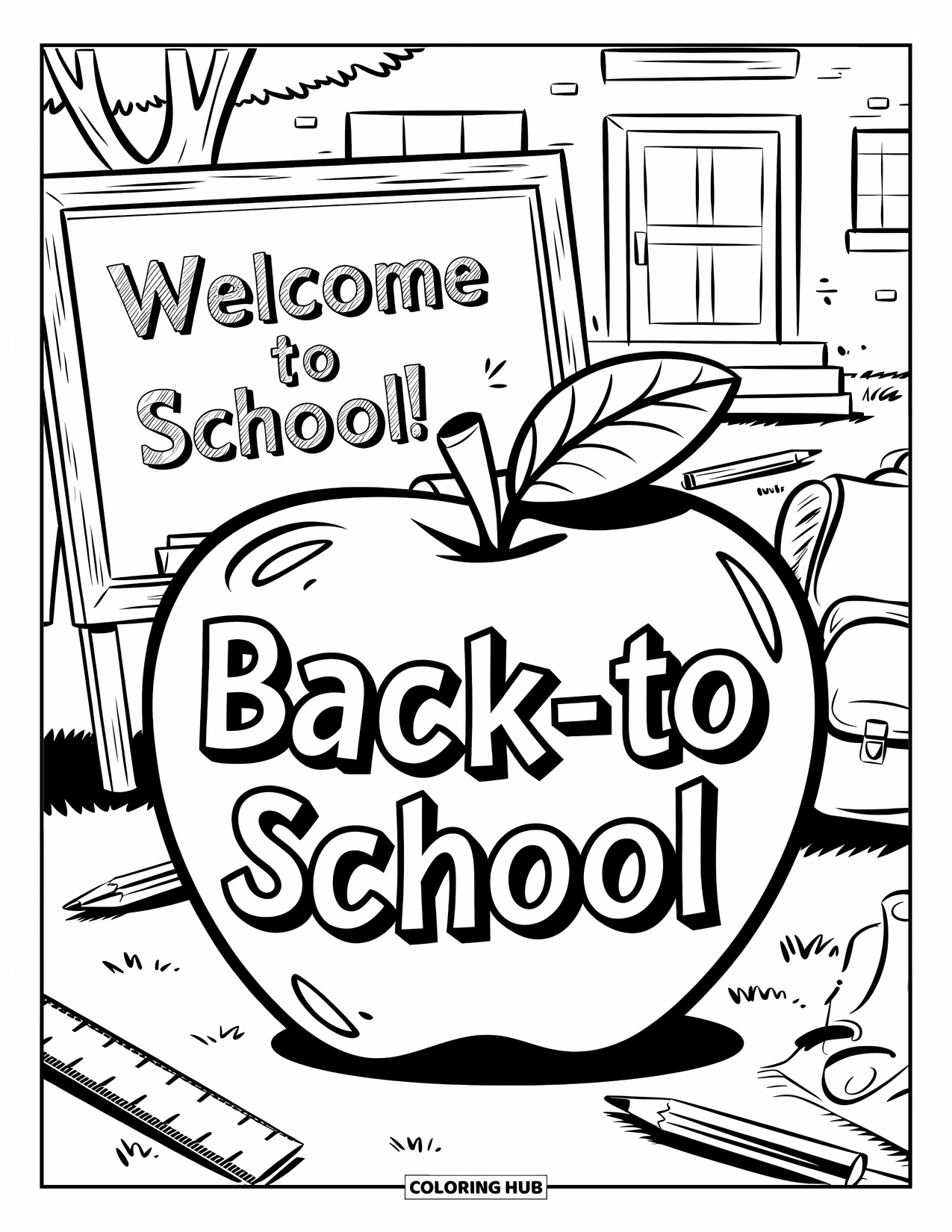 Coloriage de pomme pour enfants : Une pomme de rentrée scolaire avec des fournitures scolaires et un arbre à l'arrière-plan