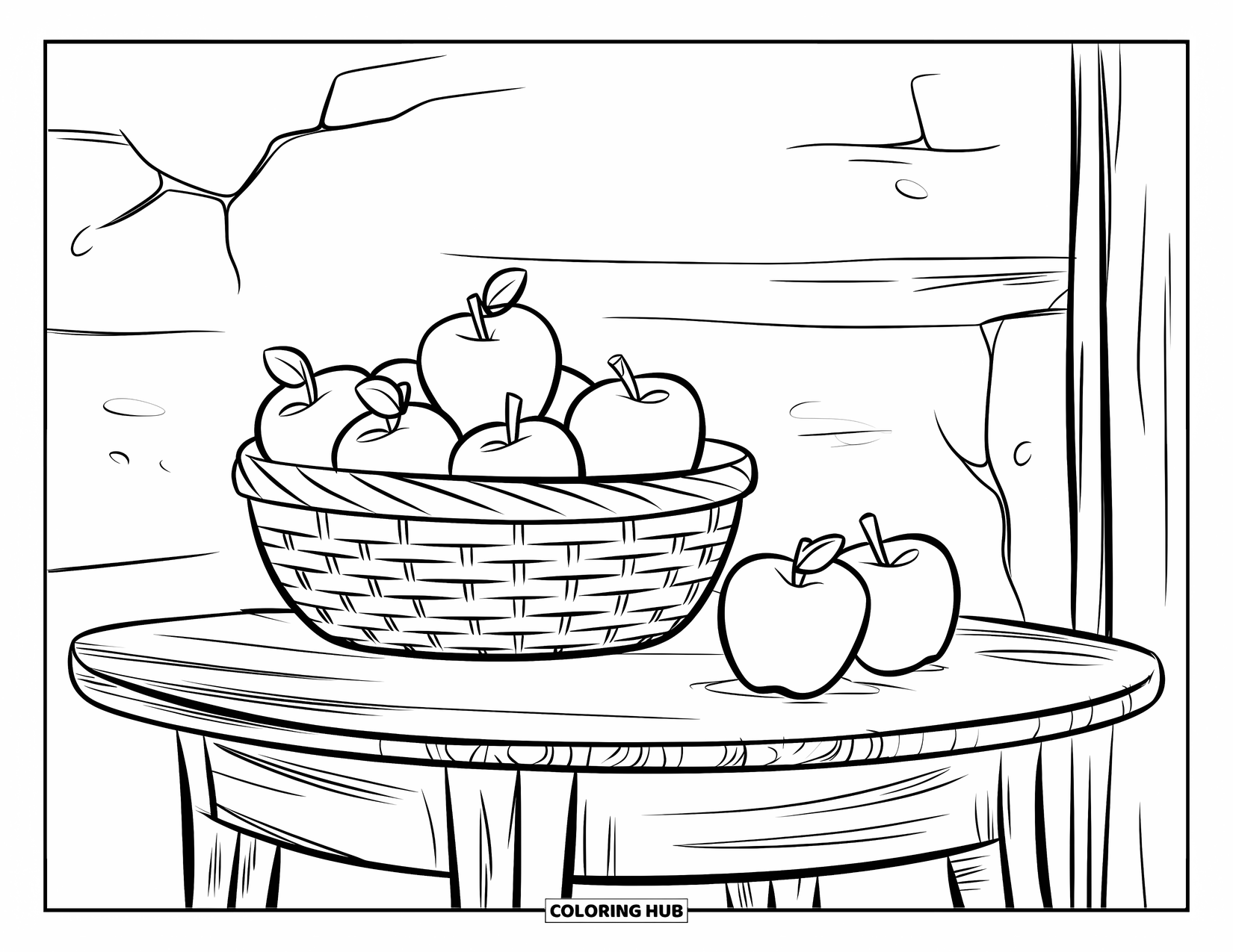 Coloriage de pomme pour enfants : Un panier de pommes se renversant sur le sol près d'un pied de table