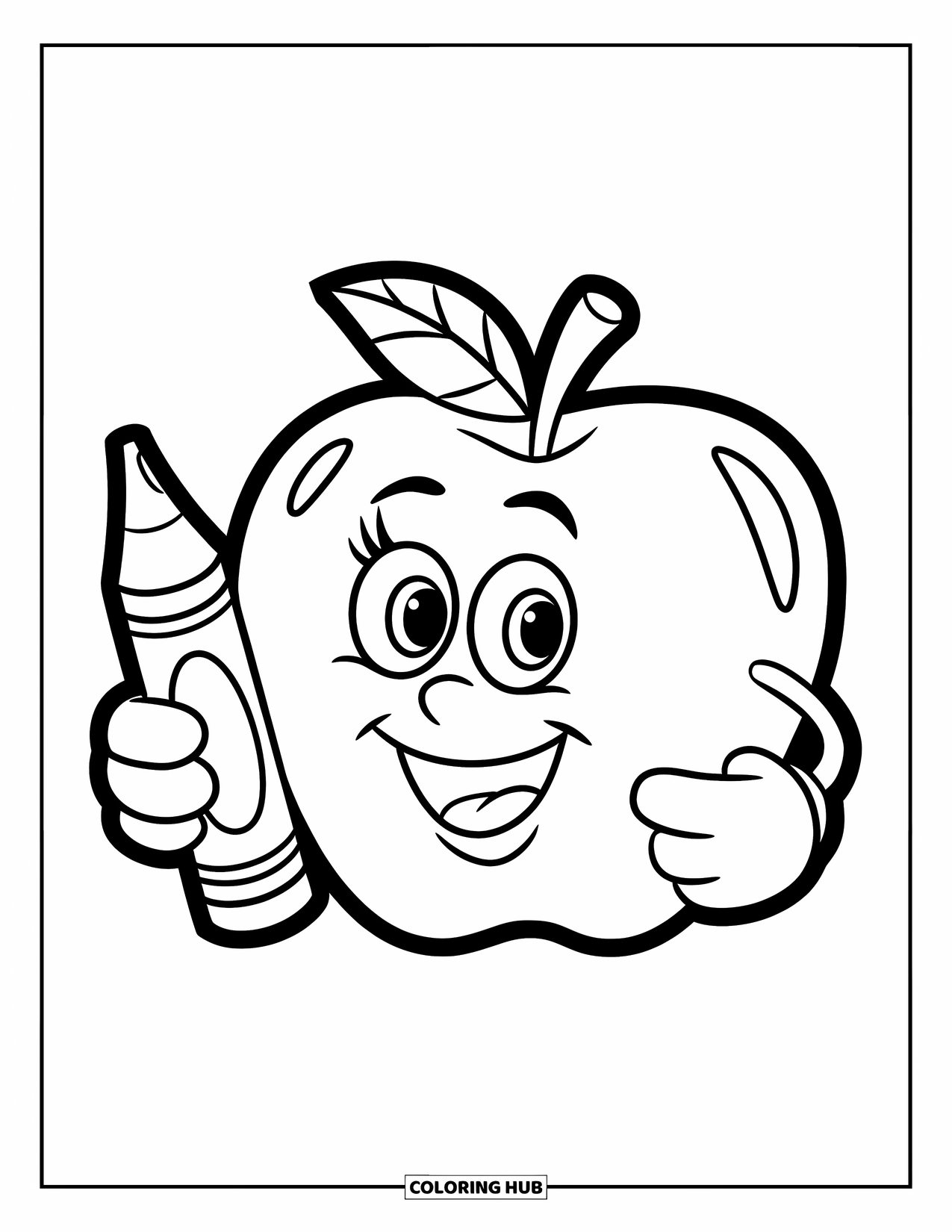 Coloriage de pomme pour enfants : Une pomme joyeuse tenant un crayon avec un grand sourire