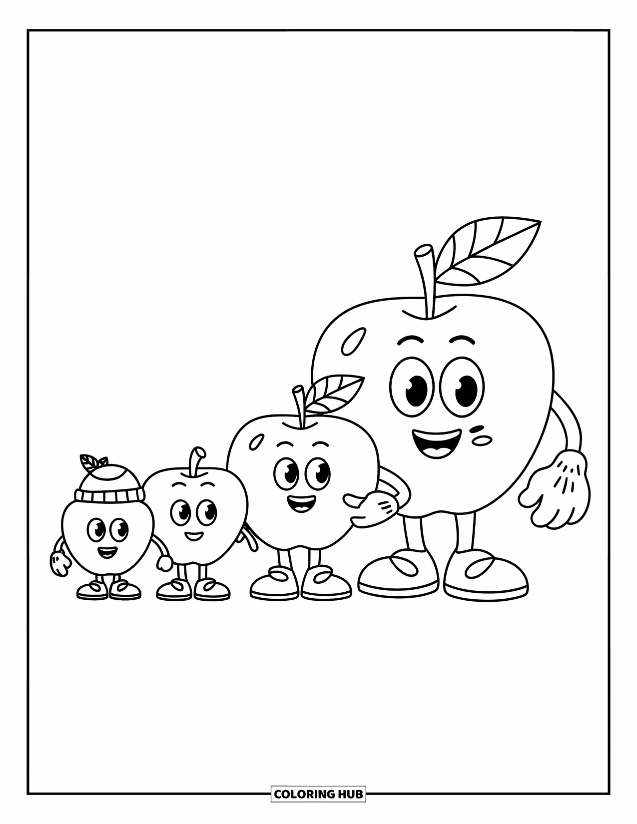 Coloriage de pomme pour enfants : Une famille de pommes alignées, chacune avec des accessoires comme un chapeau ou une écharpe