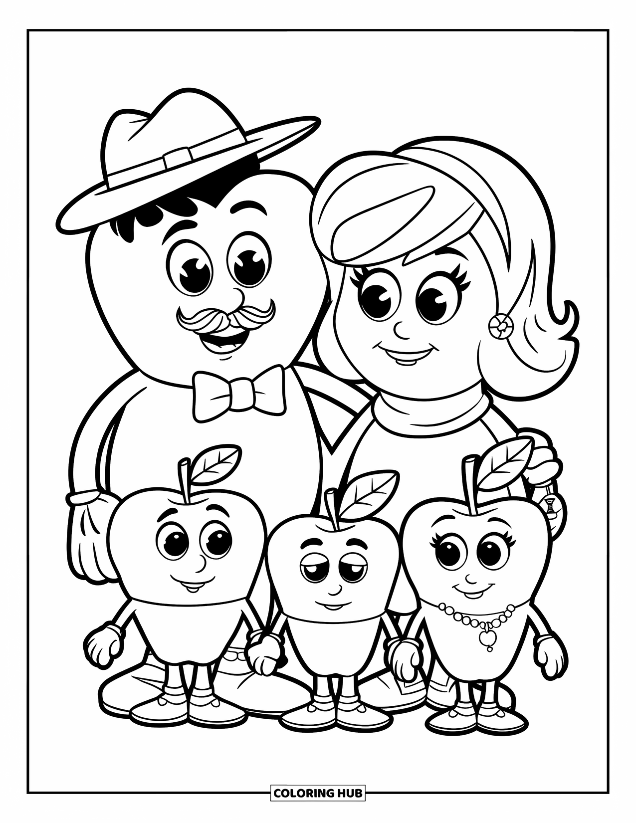 Coloriage de pomme pour enfants : Une famille de pommes avec un chapeau, une écharpe, un nœud papillon et un collier, chacune avec un look unique