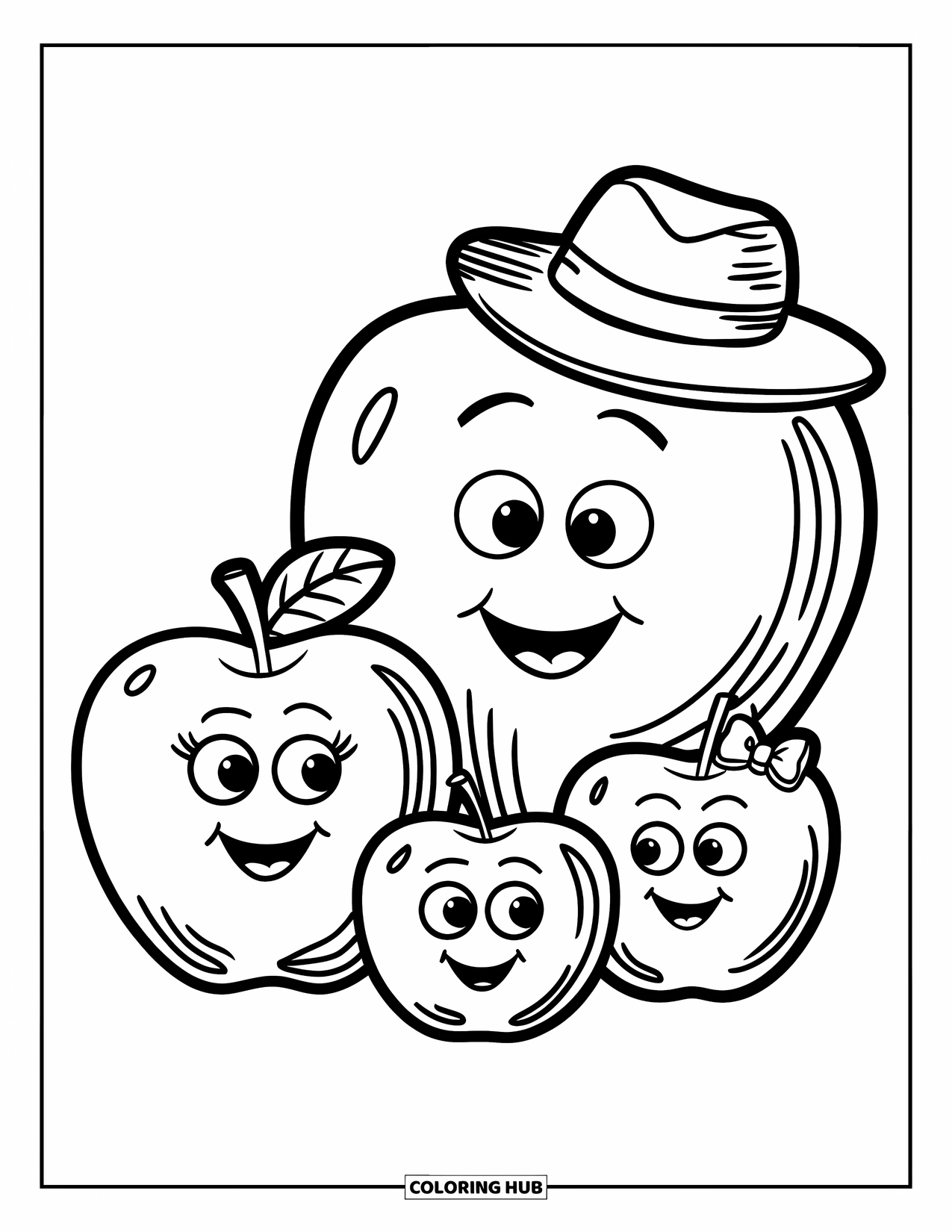 Coloriage de pomme pour enfants : Une famille de pommes avec des chapeaux, des écharpes et des expressions enjouées