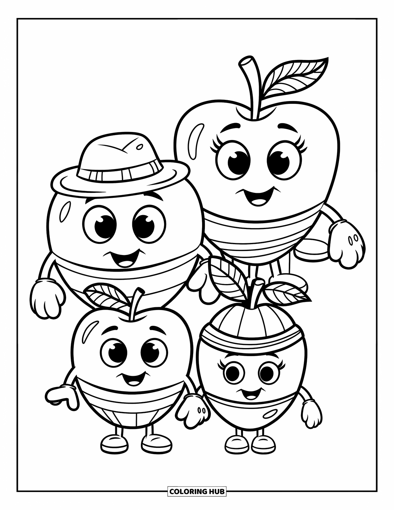 Coloriage de pomme pour enfants : Une famille de pommes avec des expressions uniques et des accessoires amusants