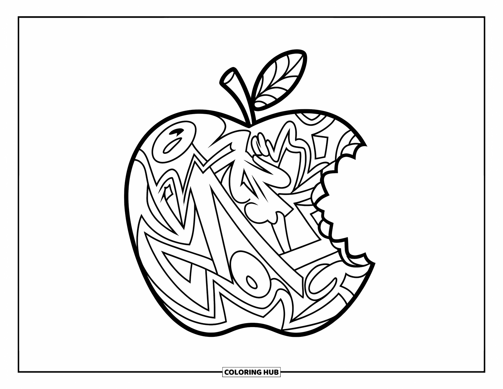 Coloriage de pomme pour enfants : Un design de pomme moderne avec des motifs de style graffiti et des caractéristiques audacieuses