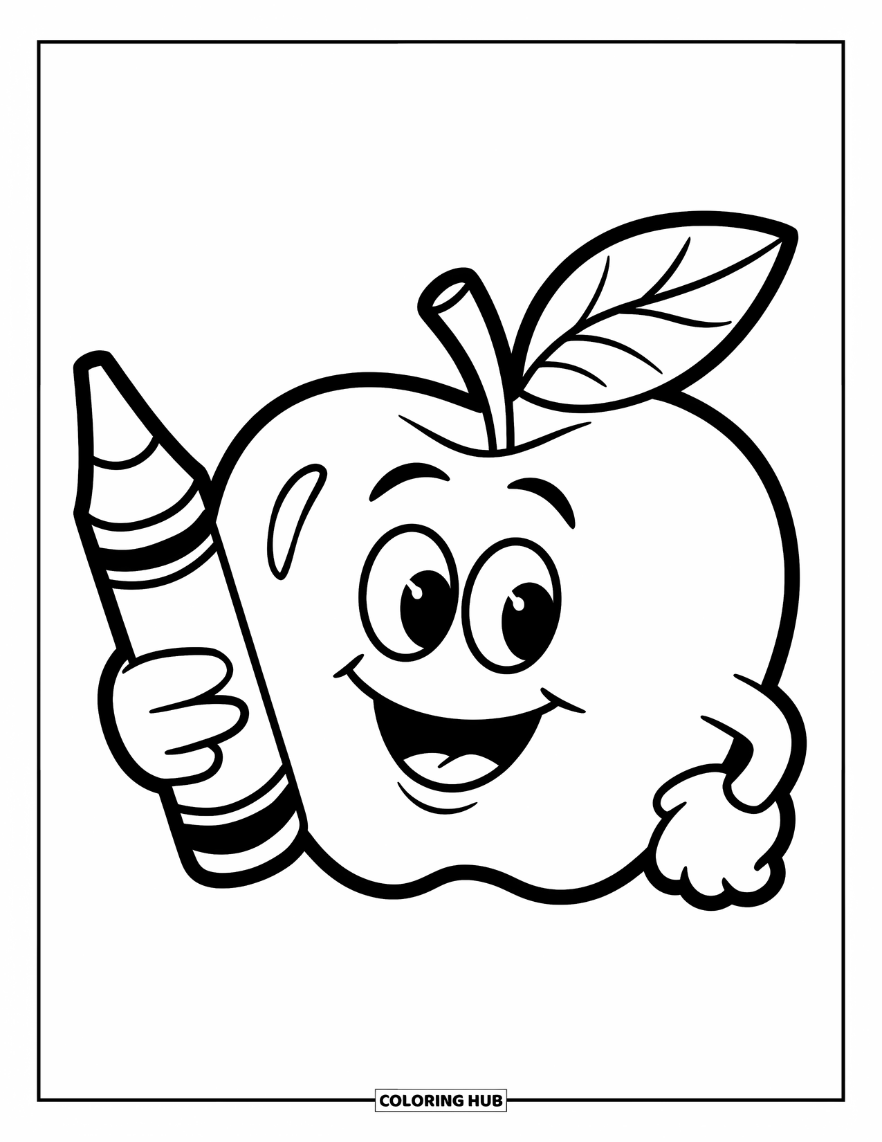 Coloriage de pomme pour enfants : Une pomme souriante tenant un crayon sur un fond uni