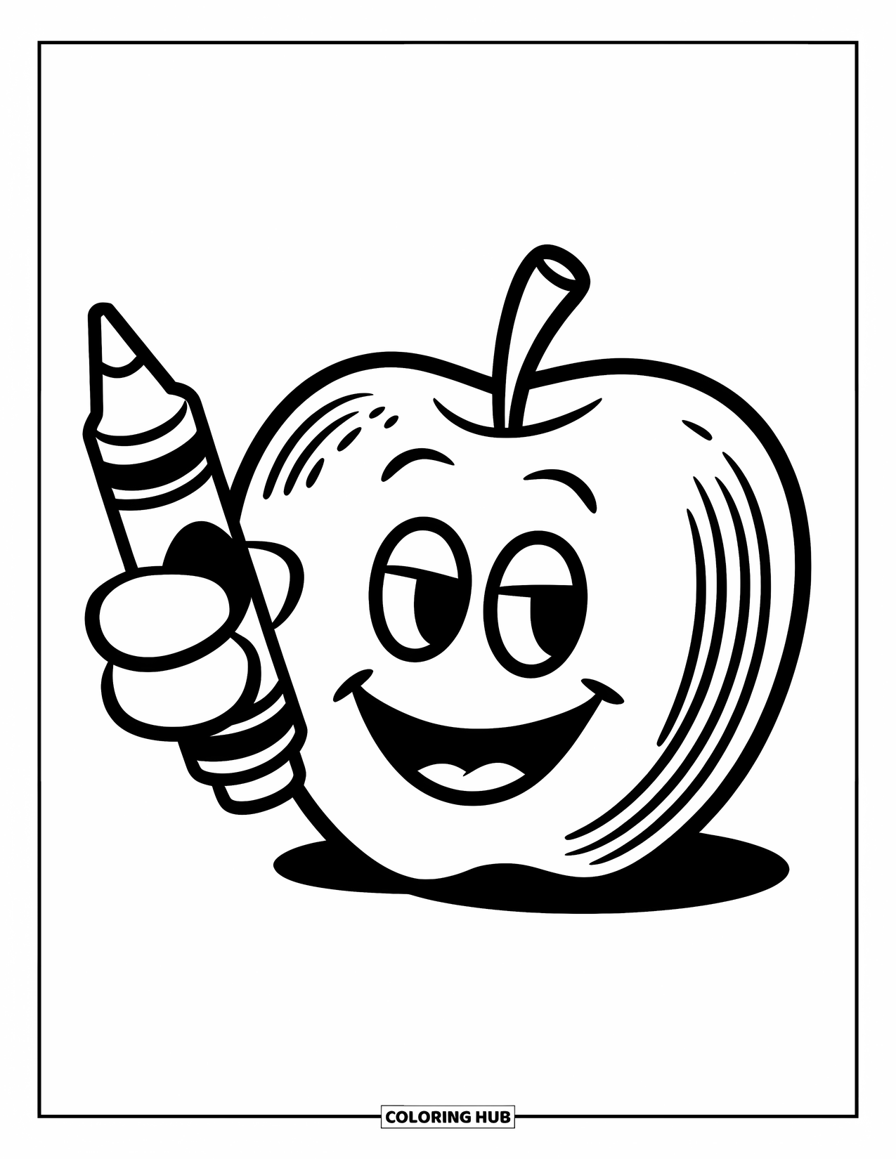 Coloriage de pomme pour enfants : Une pomme souriante tenant un crayon avec des caractéristiques propres et simples