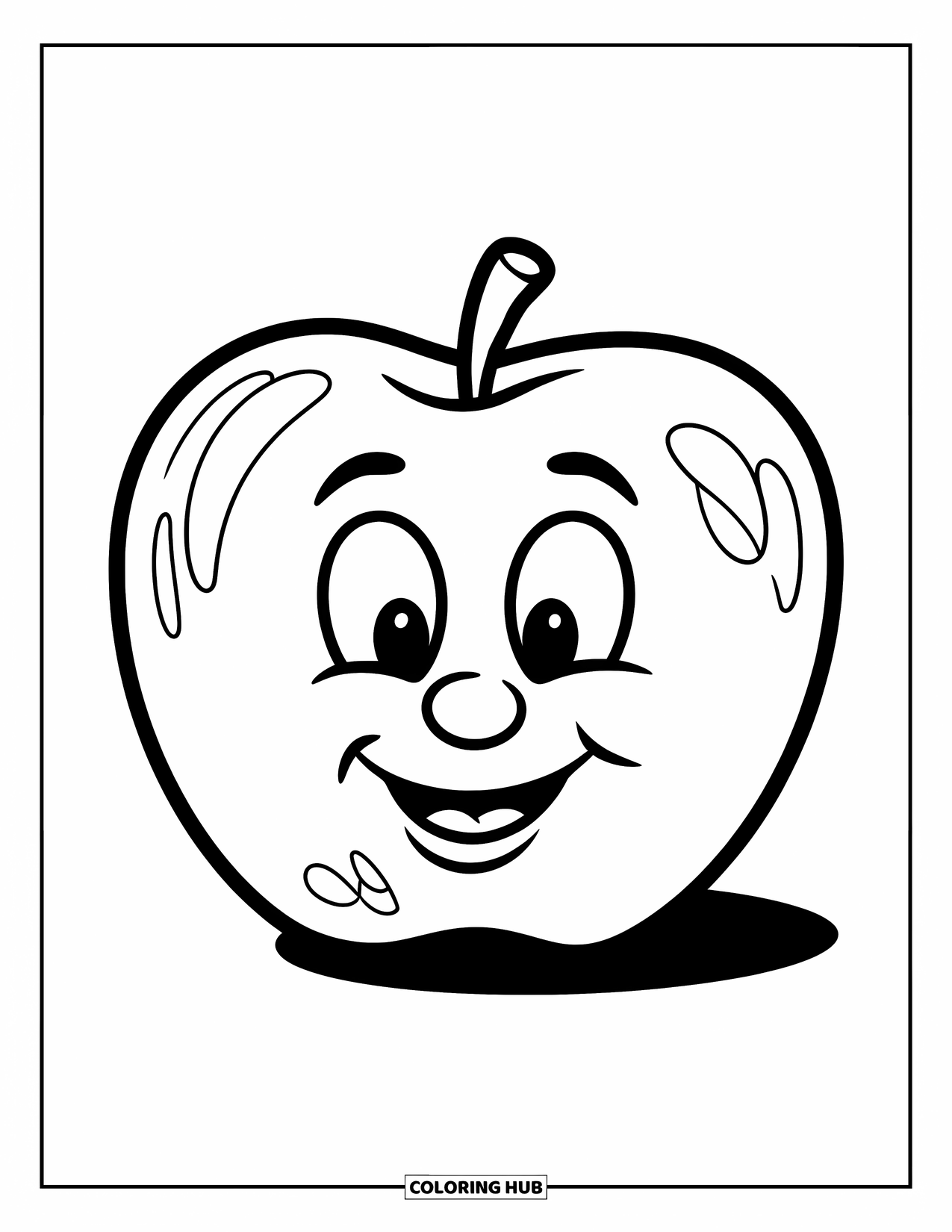 Coloriage de pomme pour enfants : Une pomme souriante sur un fond uni avec des détails ludiques