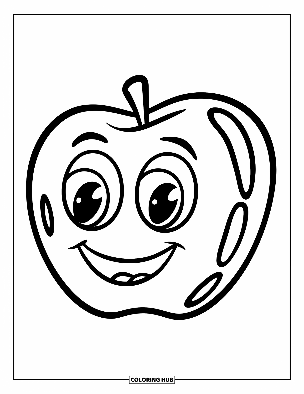 Coloriage de pomme pour enfants : Une pomme souriante avec des contours audacieux et aucun détail d'arrière-plan
