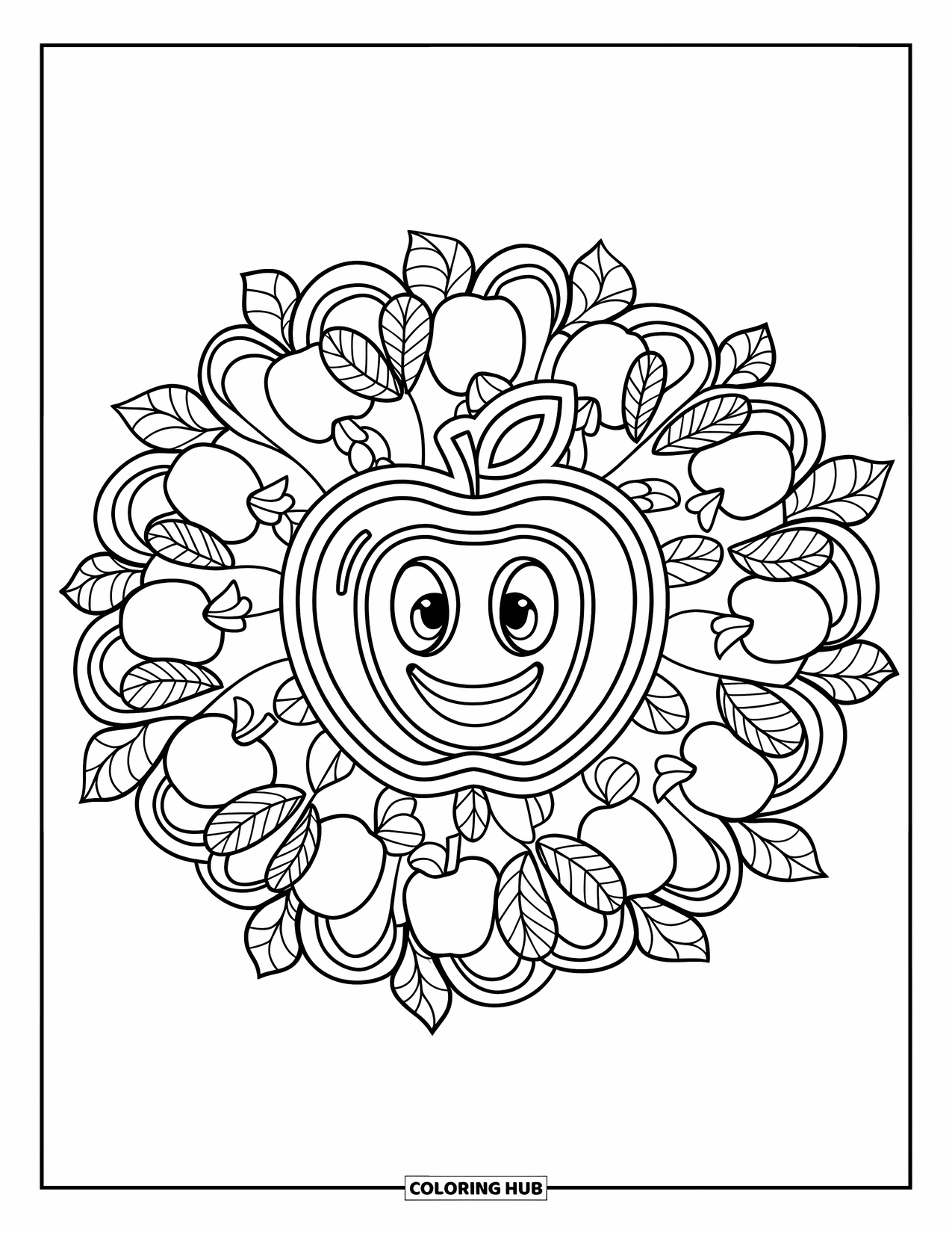 Coloriage de pomme pour enfants : Un motif de pomme au centre d'un motif de mandala entouré de feuilles