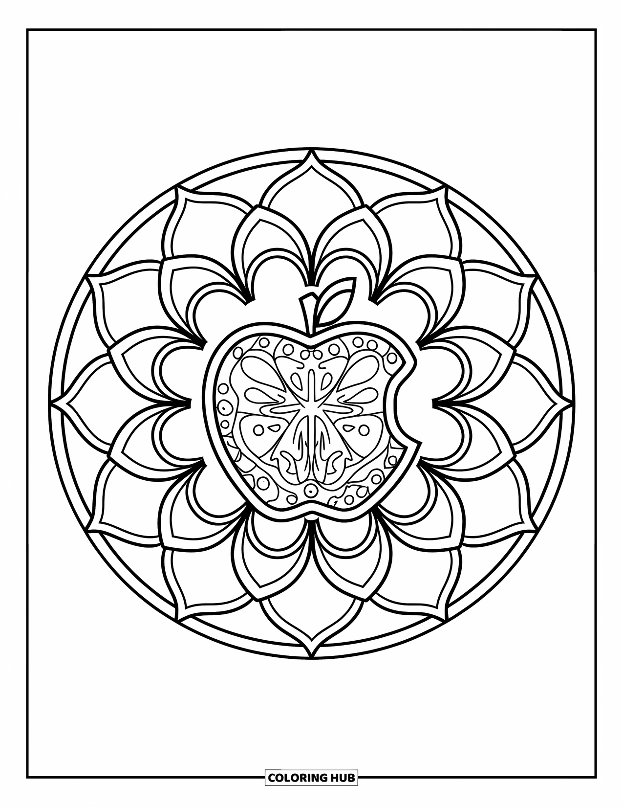 Coloriage de pomme pour enfants : Un motif de pomme intégré dans un mandala avec des formes circulaires et des feuilles