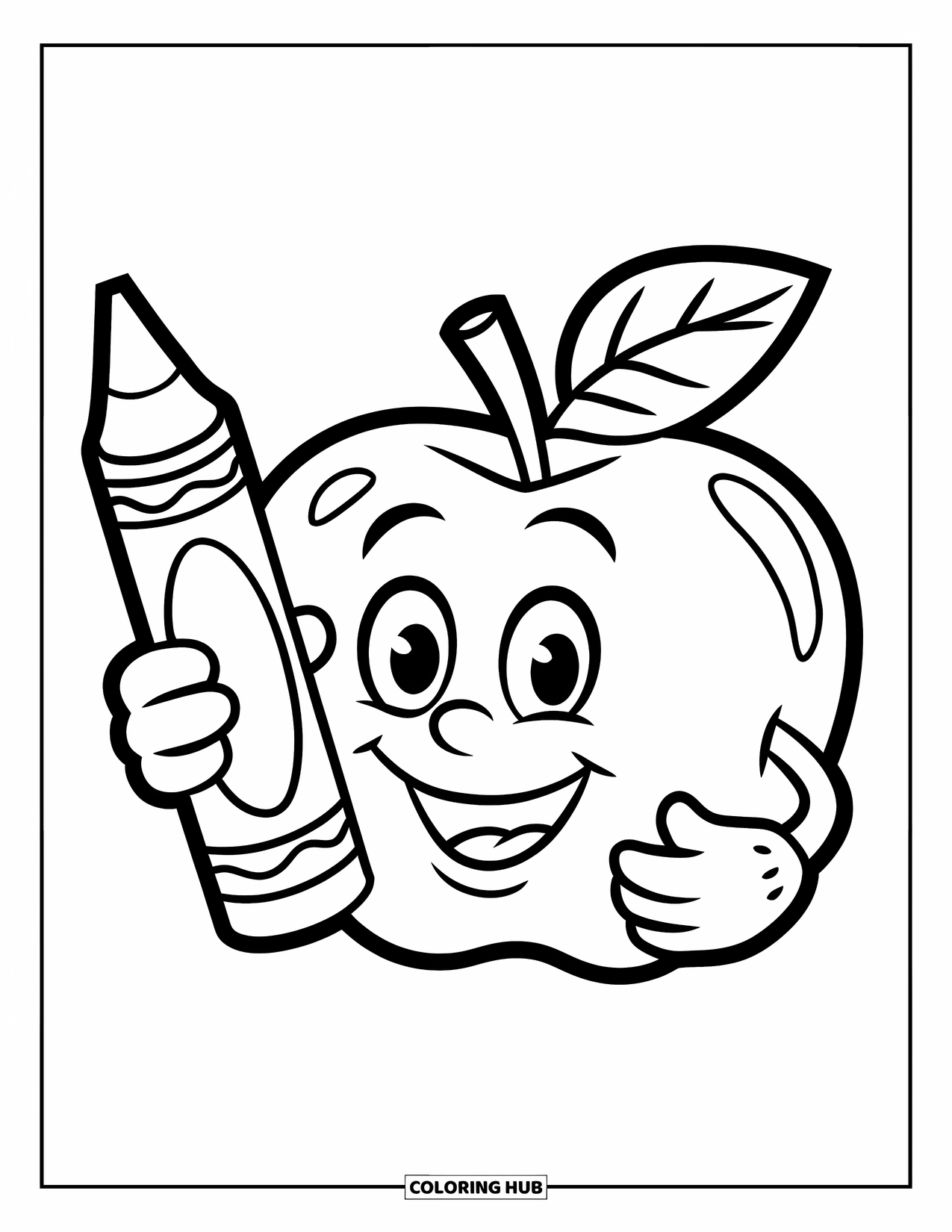 Coloriage de pomme pour enfants : Une pomme tenant un crayon avec un sourire audacieux sur un fond uni