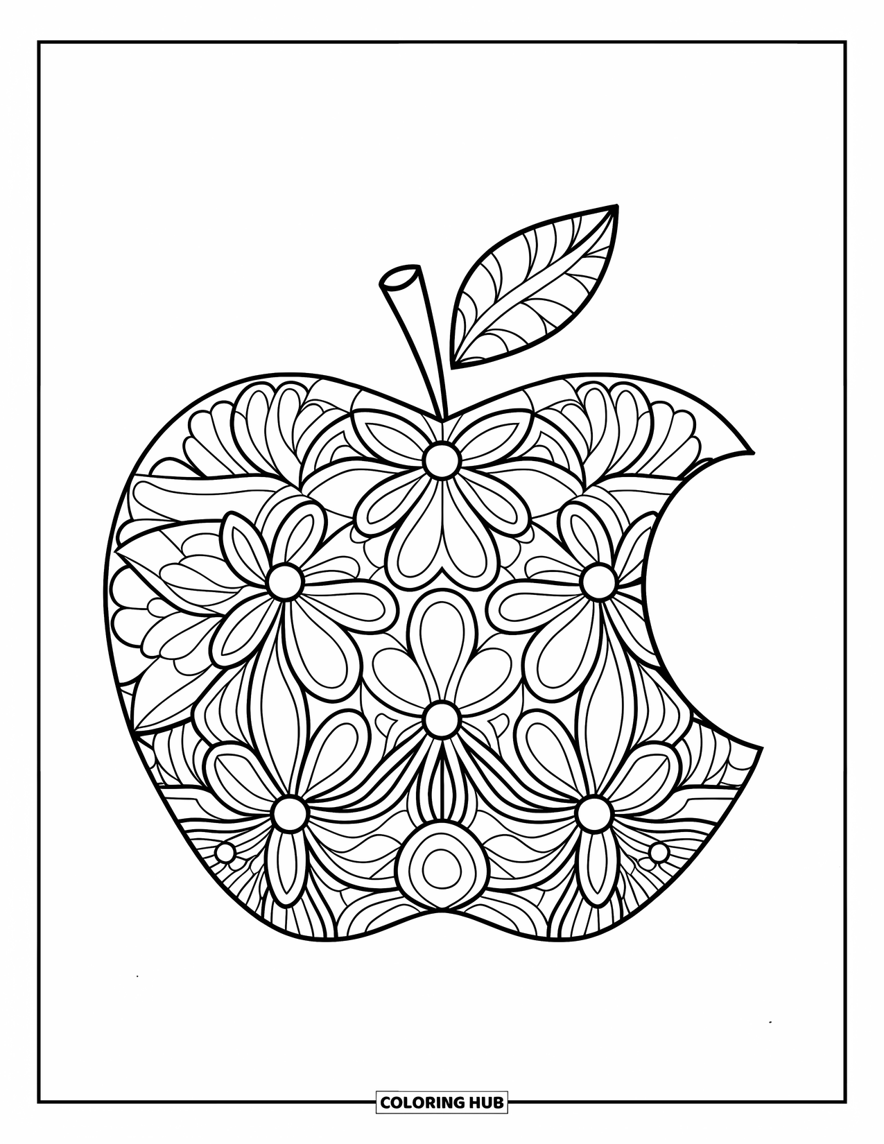 Coloriage de pomme pour enfants : Une pomme au centre d'un motif de mandala avec des caractéristiques simples et attrayantes