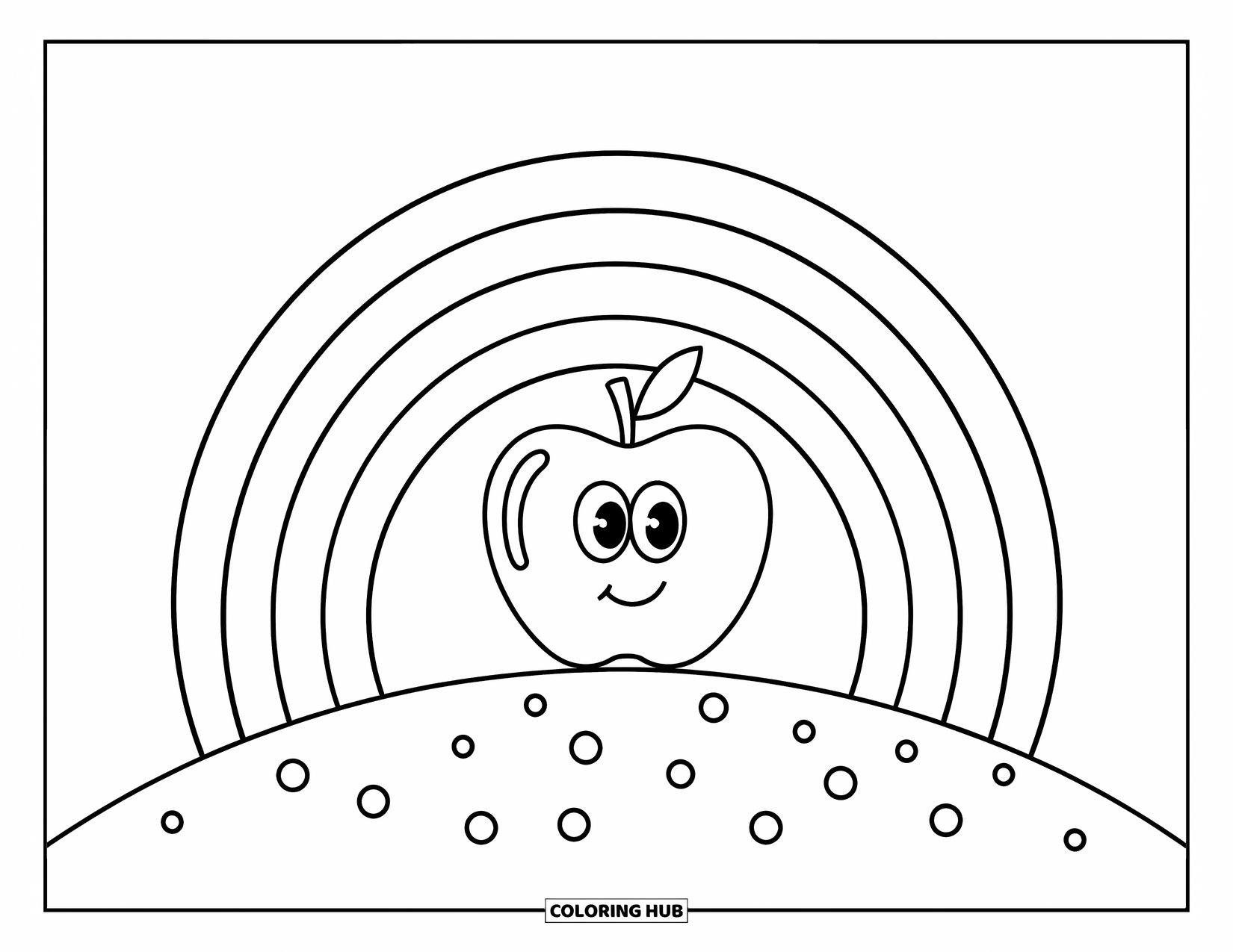 Coloriage de pomme pour enfants : Une pomme sur une colline avec un arc-en-ciel et de petits objets éparpillés à proximité