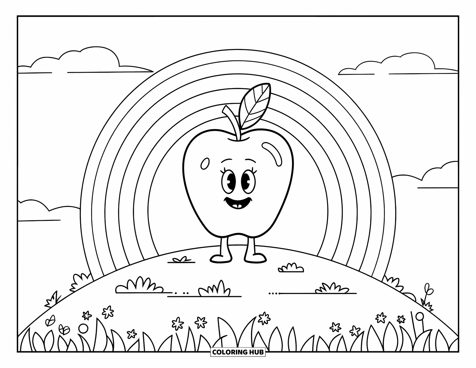 Coloriage de pomme pour enfants : Une pomme sur une colline avec un arc-en-ciel arqué au-dessus des plantes et des nuages dans le ciel