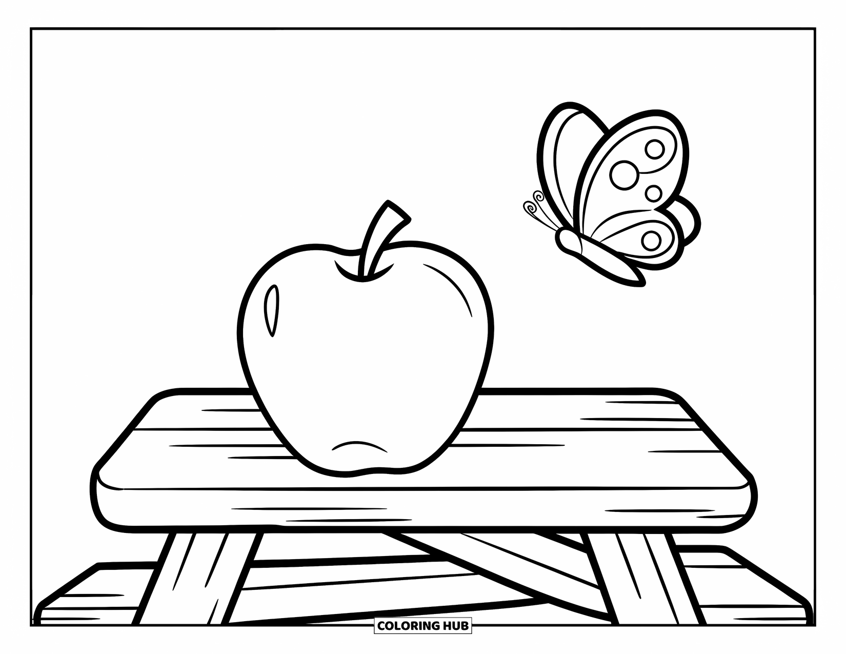 Coloriage de pomme pour enfants : Une pomme sur une table de pique-nique avec un papillon volant à proximité