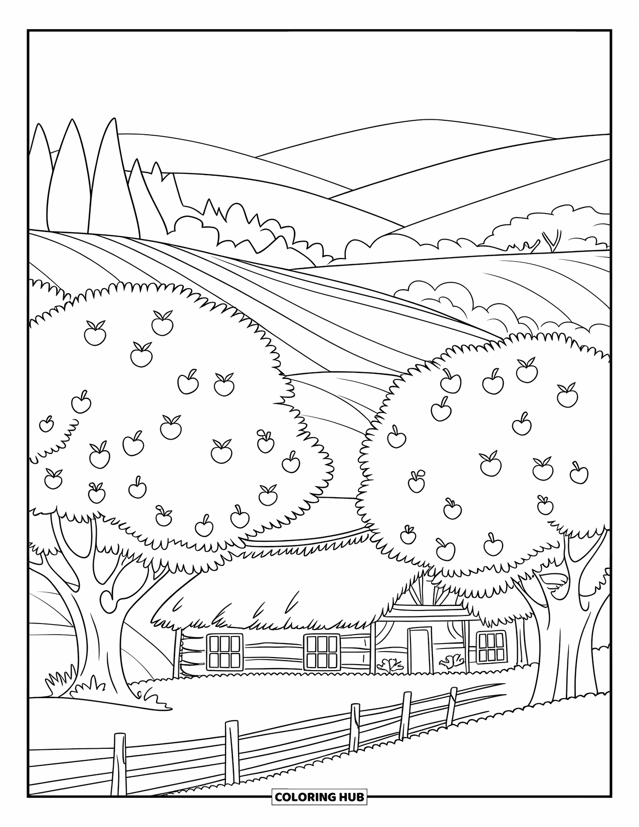 Coloriage de pomme pour enfants : Une scène de verger de pommiers avec une ferme, des collines et des pommiers