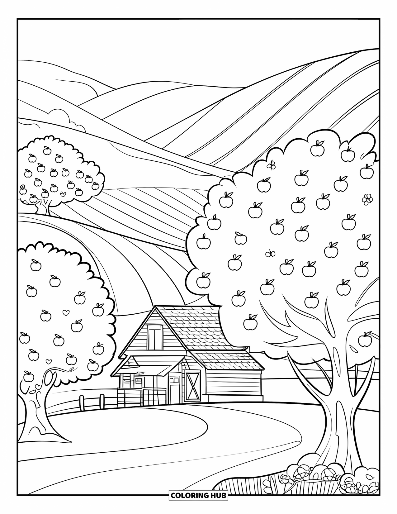 Coloriage de pomme pour enfants : Un verger de pommiers avec des collines ondulantes, des arbres et une ferme à l'arrière-plan