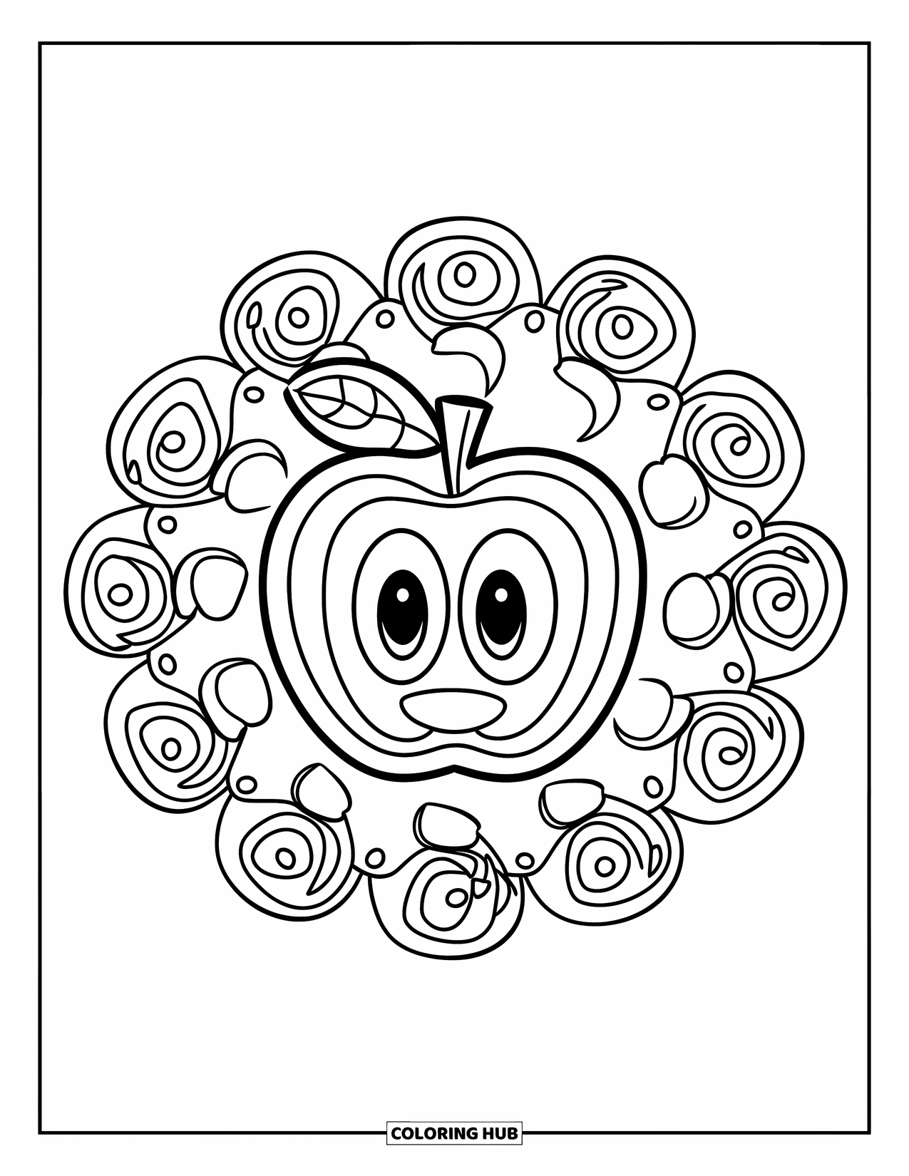 Coloriage de pomme pour enfants : Une pomme entourée d'un motif de mandala de spirales et de cercles