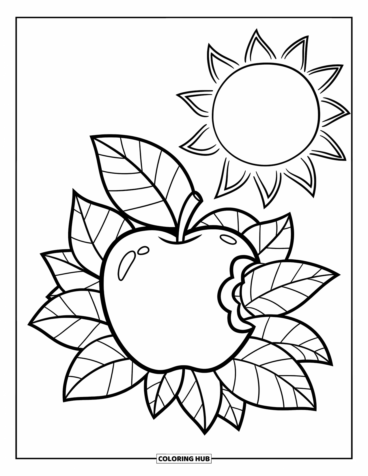 Coloriage de pomme pour enfants : Une pomme avec une bouchée manquante, des feuilles à proximité et un soleil audacieux derrière elle